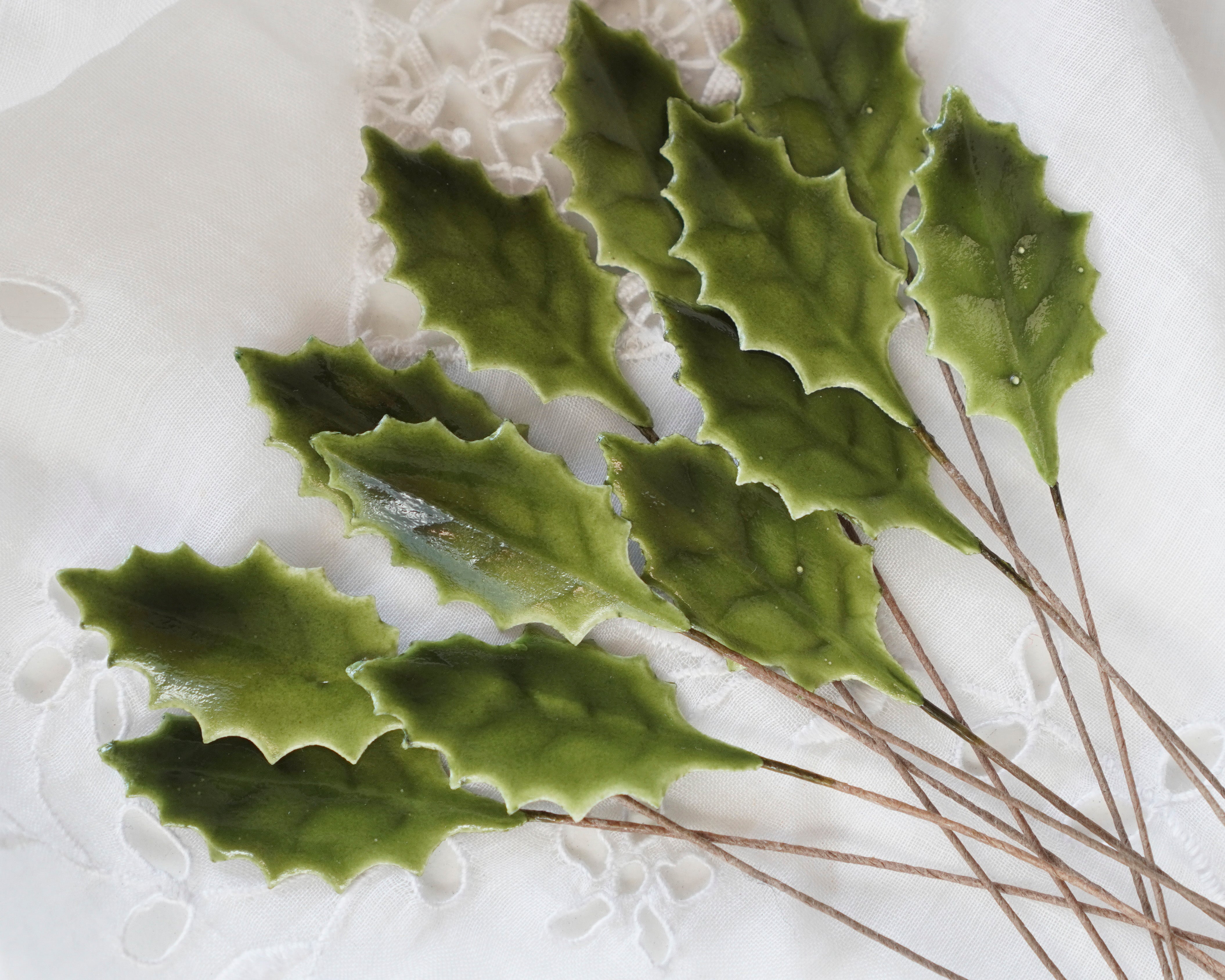 Mini Holly Picks - Vintage Style Lacquered Craft Holly Leaves, 12 Pcs.