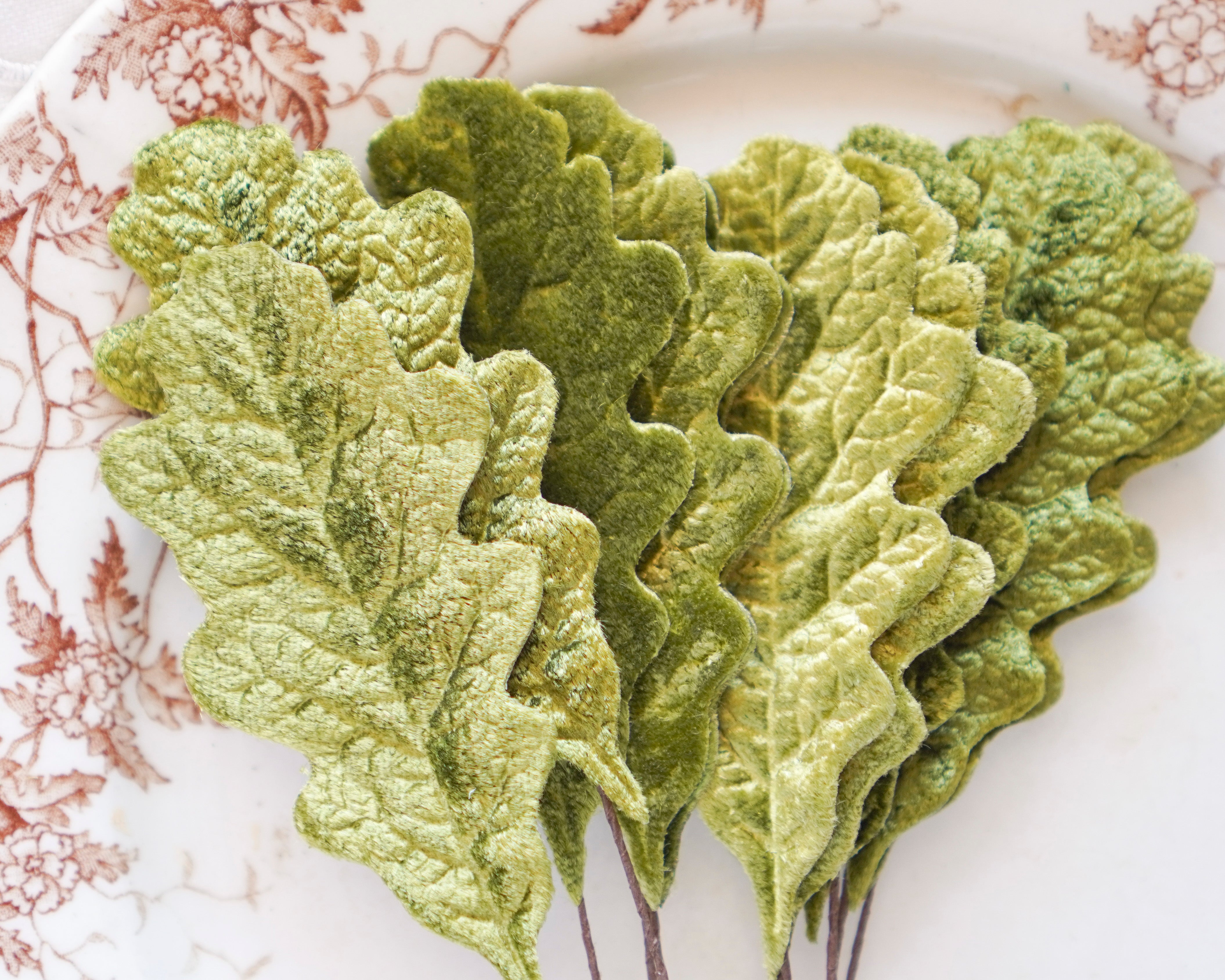 Velvet Oak Leaves - Moss Green Autumn Artificial Craft Leaf Stems, 10 Pcs.