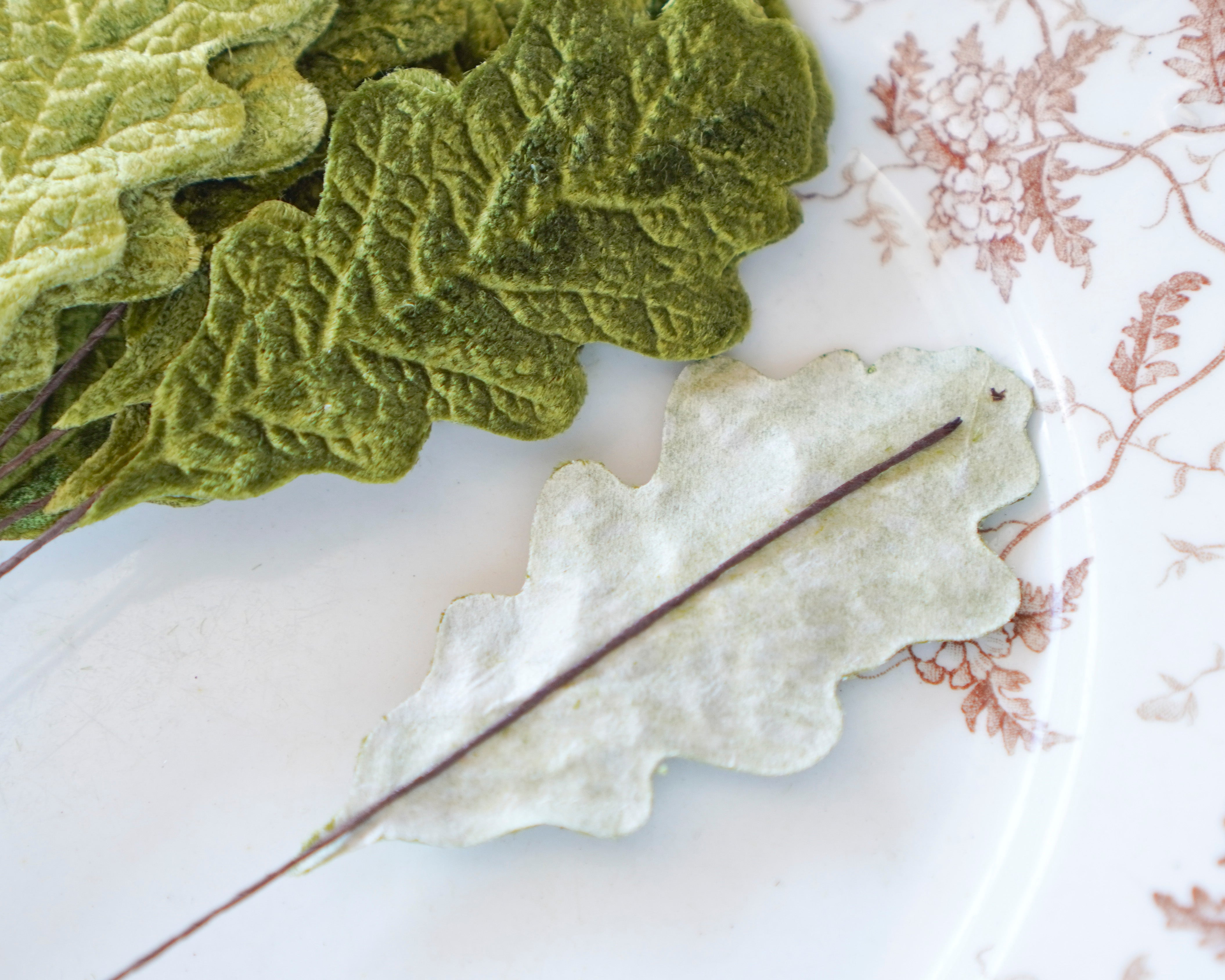 Velvet Oak Leaves - Moss Green Autumn Artificial Craft Leaf Stems, 10 Pcs.