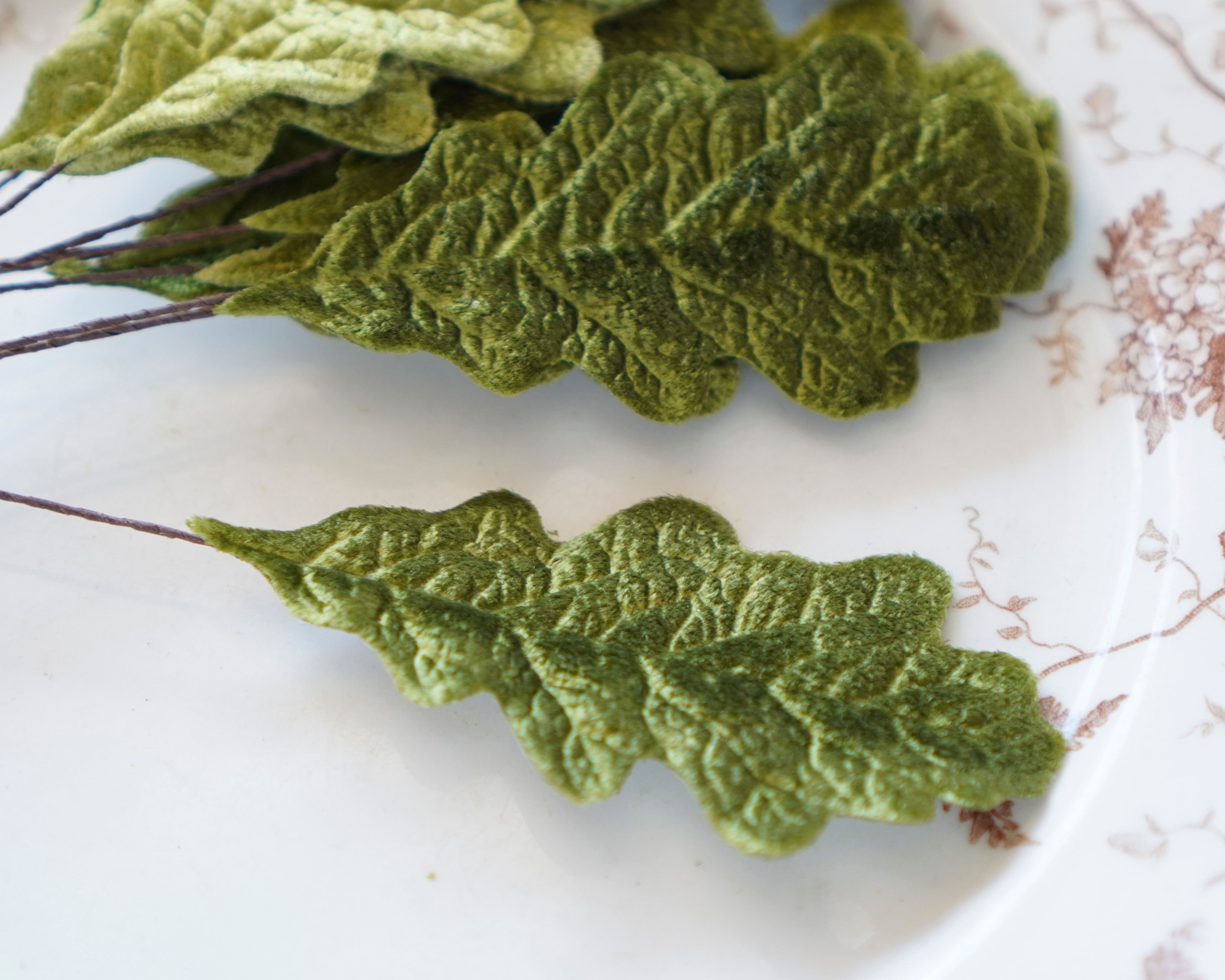 Velvet Oak Leaves - Moss Green Autumn Artificial Craft Leaf Stems, 10 Pcs.