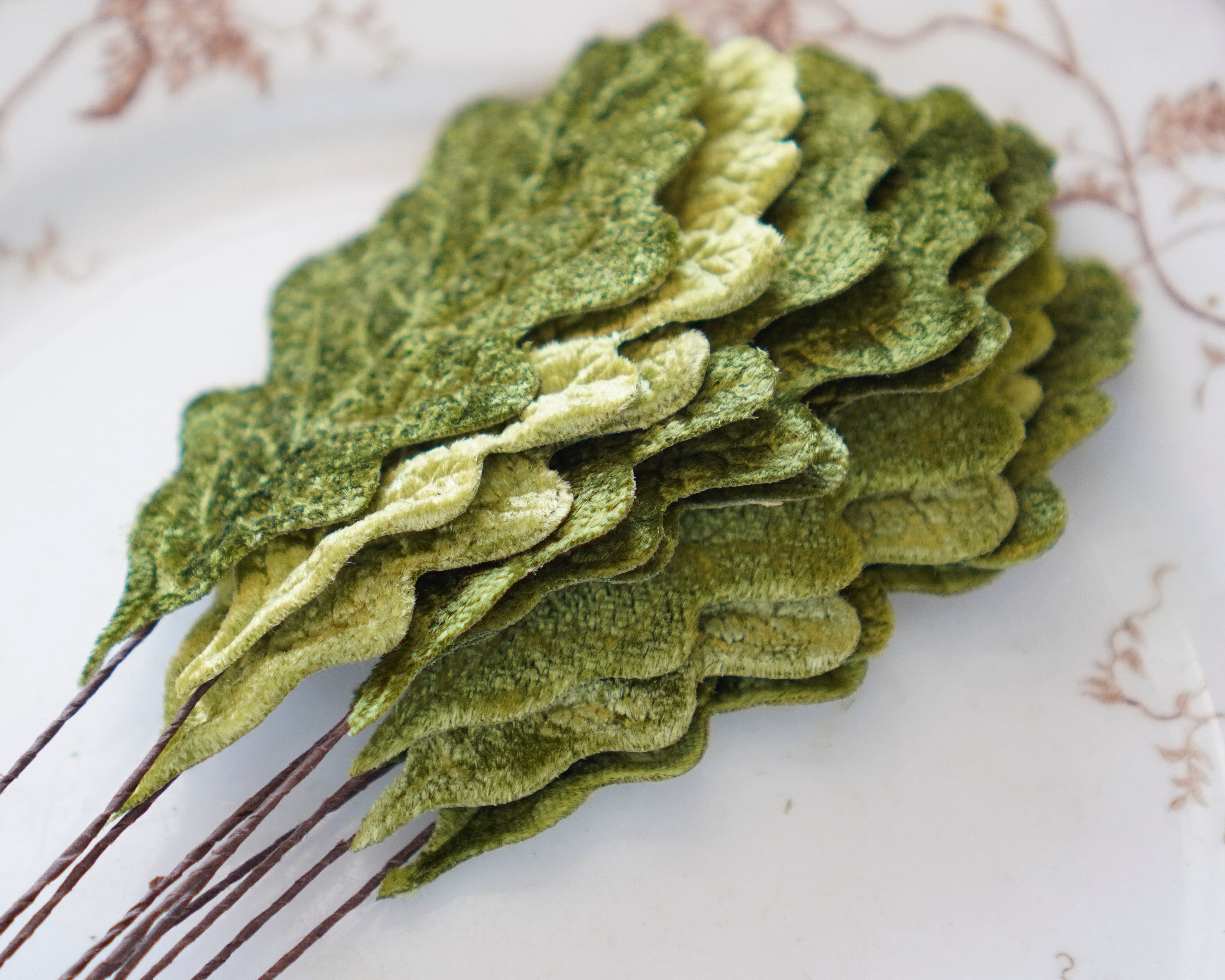Velvet Oak Leaves - Moss Green Autumn Artificial Craft Leaf Stems, 10 Pcs.