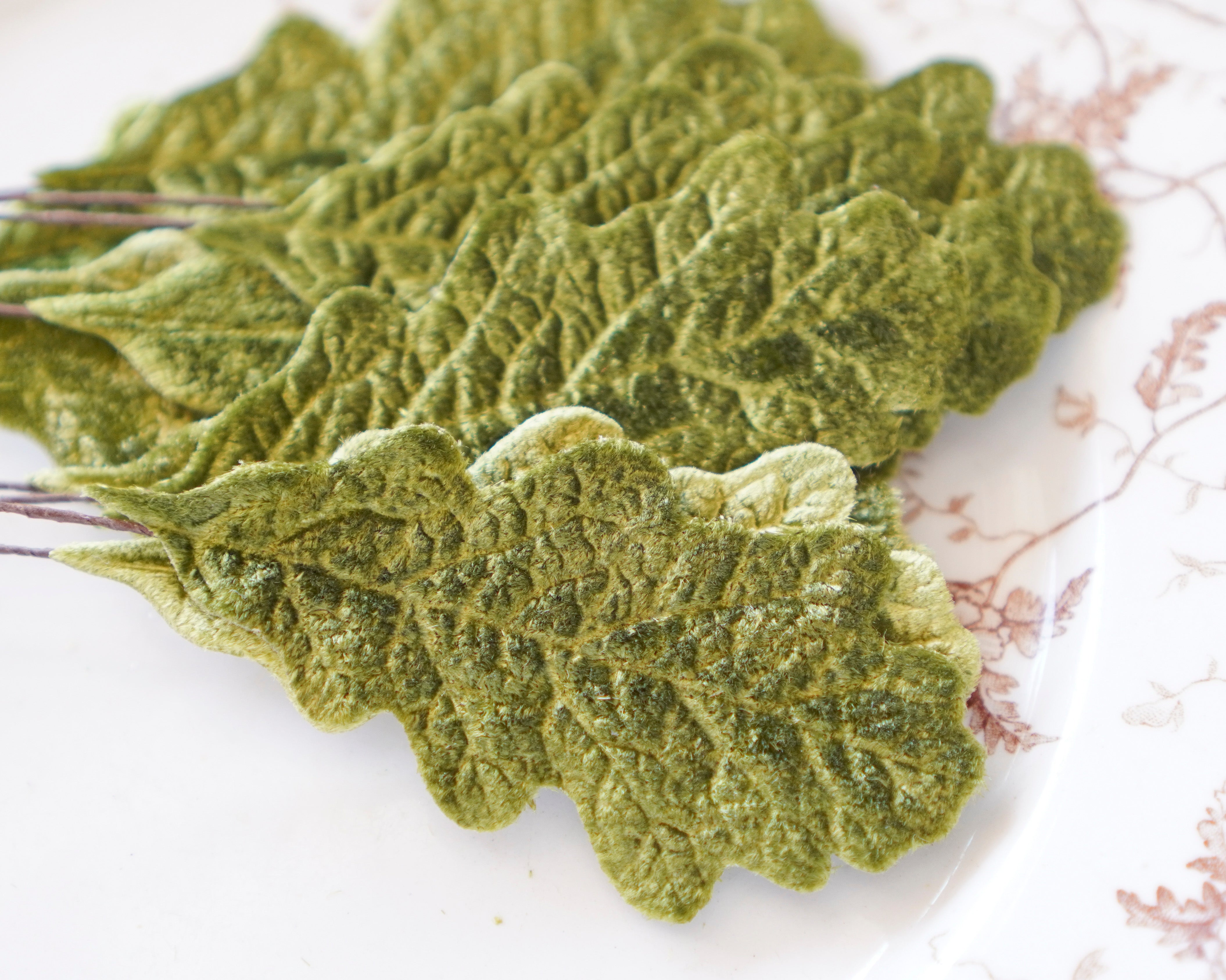 Velvet Oak Leaves - Moss Green Autumn Artificial Craft Leaf Stems, 10 Pcs.
