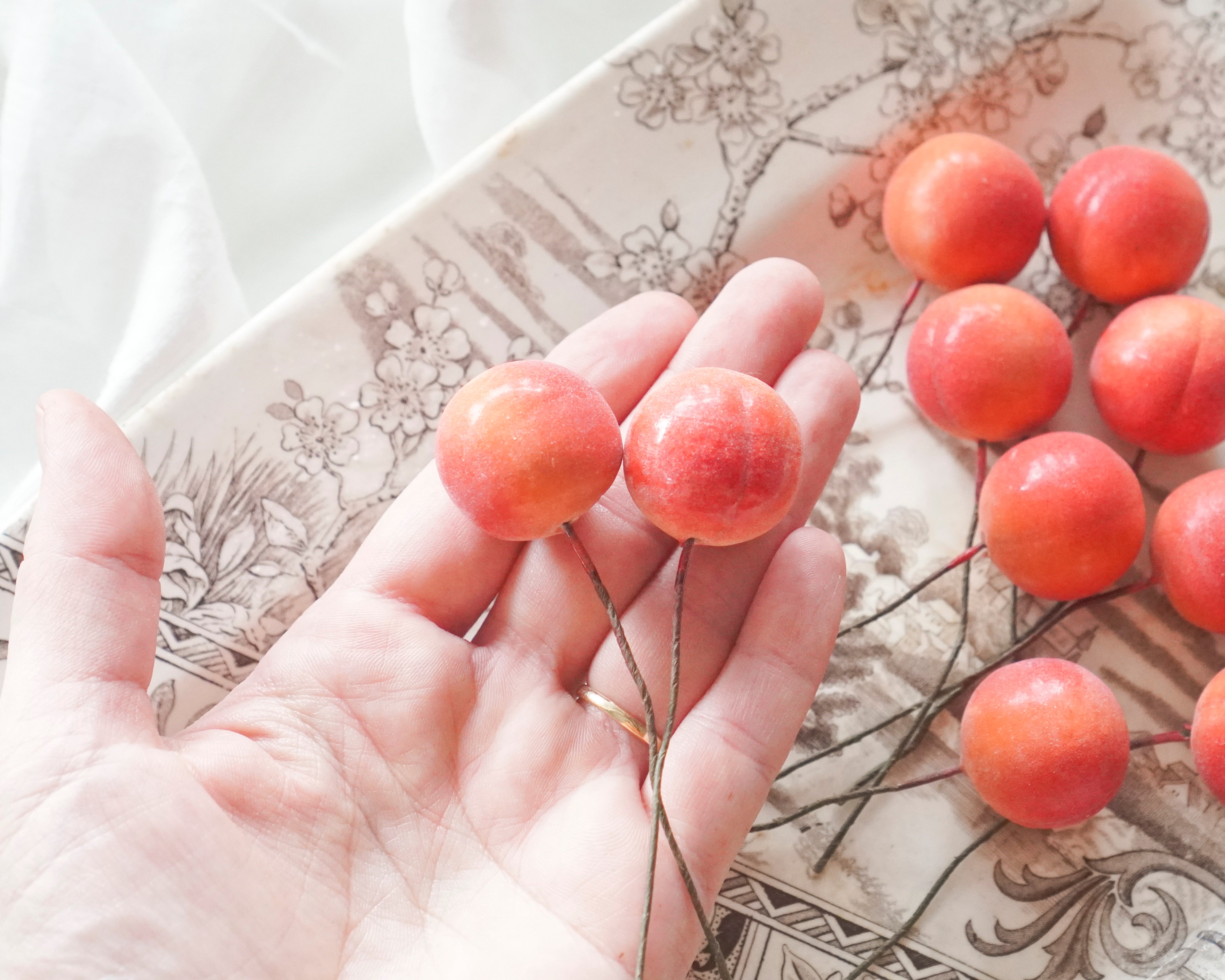 Spun Cotton Peach Picks - Mini Craft Fruit on Stems, 10 pcs.