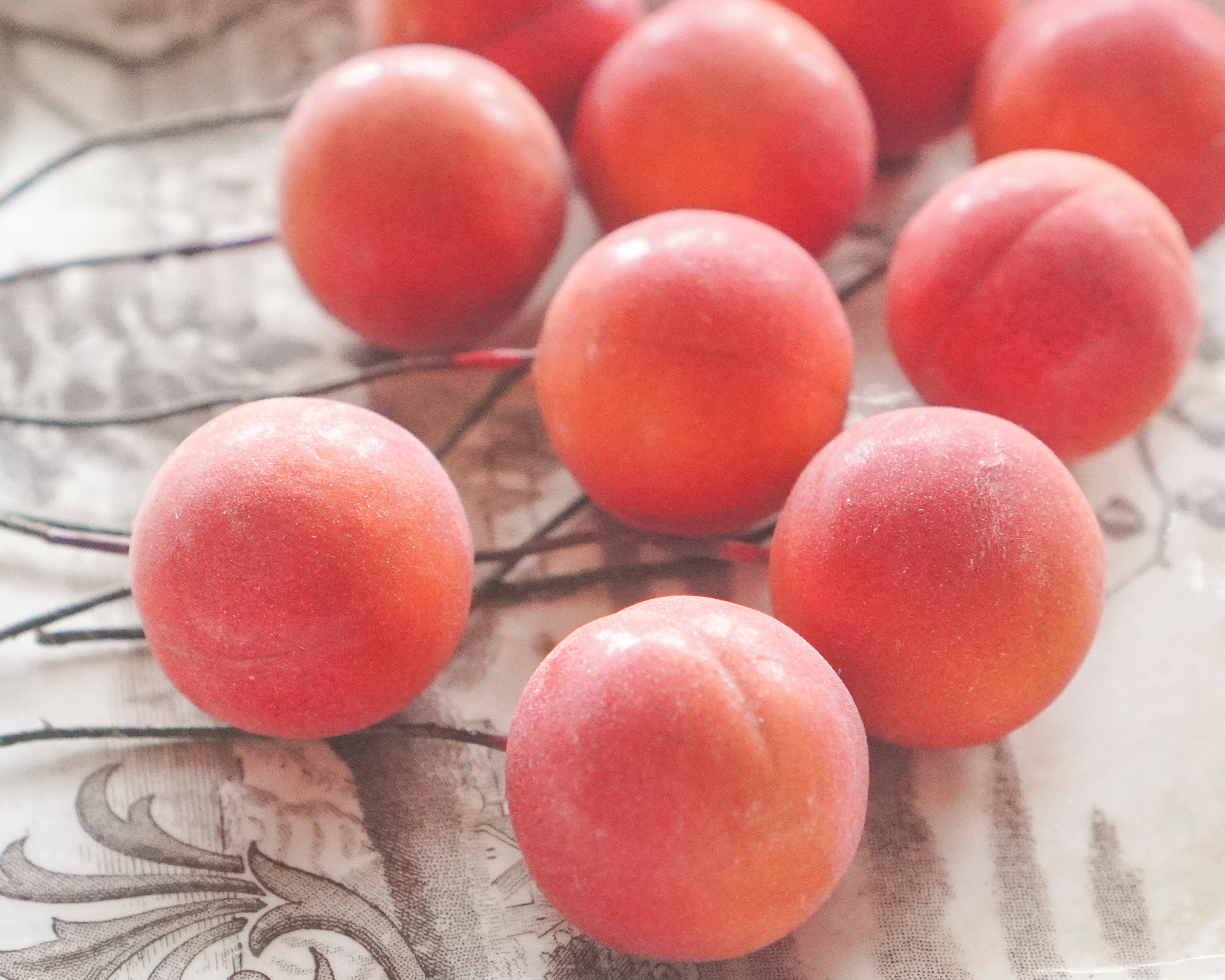 Spun Cotton Peach Picks - Mini Craft Fruit on Stems, 10 pcs.