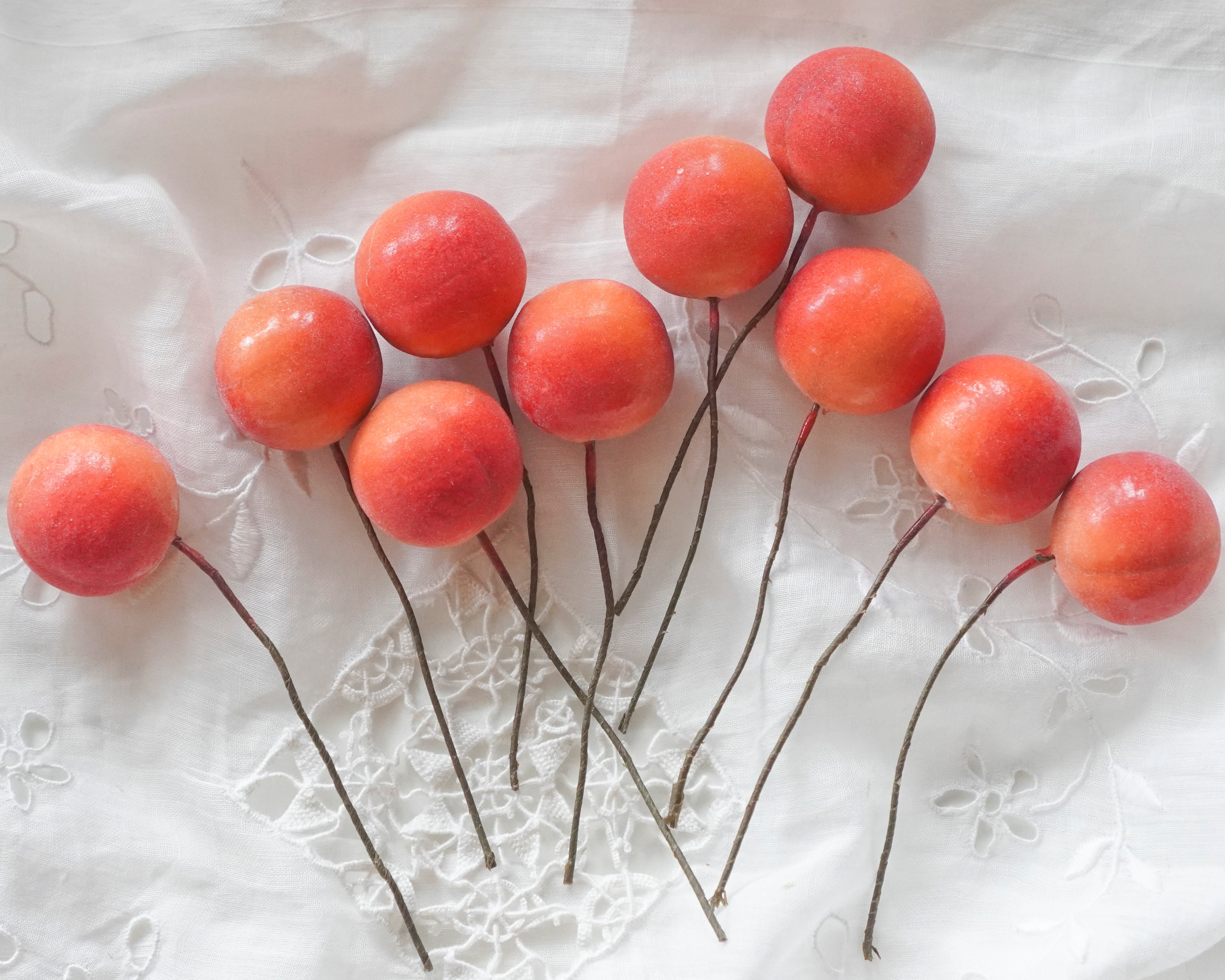 Spun Cotton Peach Picks - Mini Craft Fruit on Stems, 10 pcs.