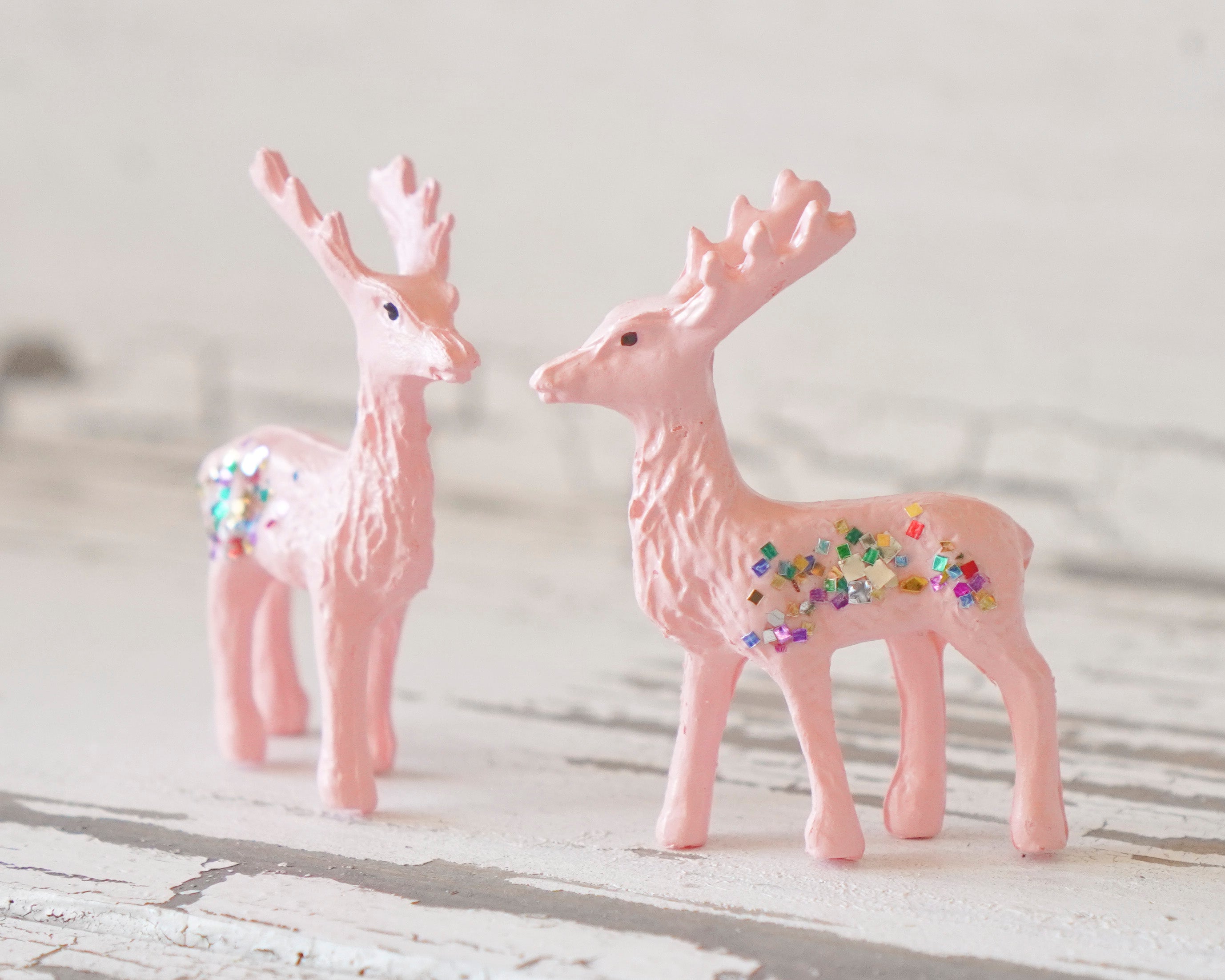 Miniature Pink Reindeer - 6 Tiny Plastic Deer with Vintage Glitter