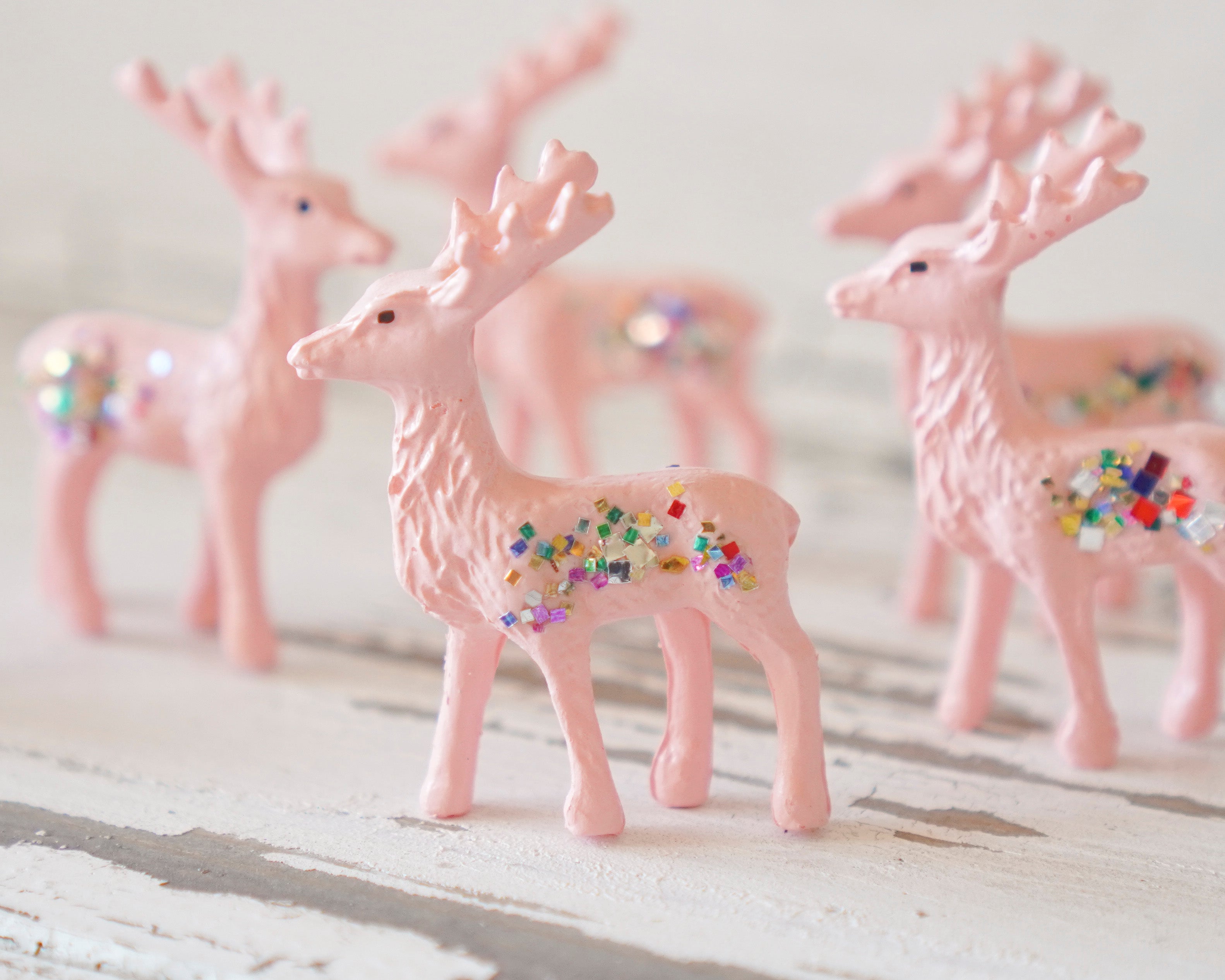 Miniature Pink Reindeer - 6 Tiny Plastic Deer with Vintage Glitter