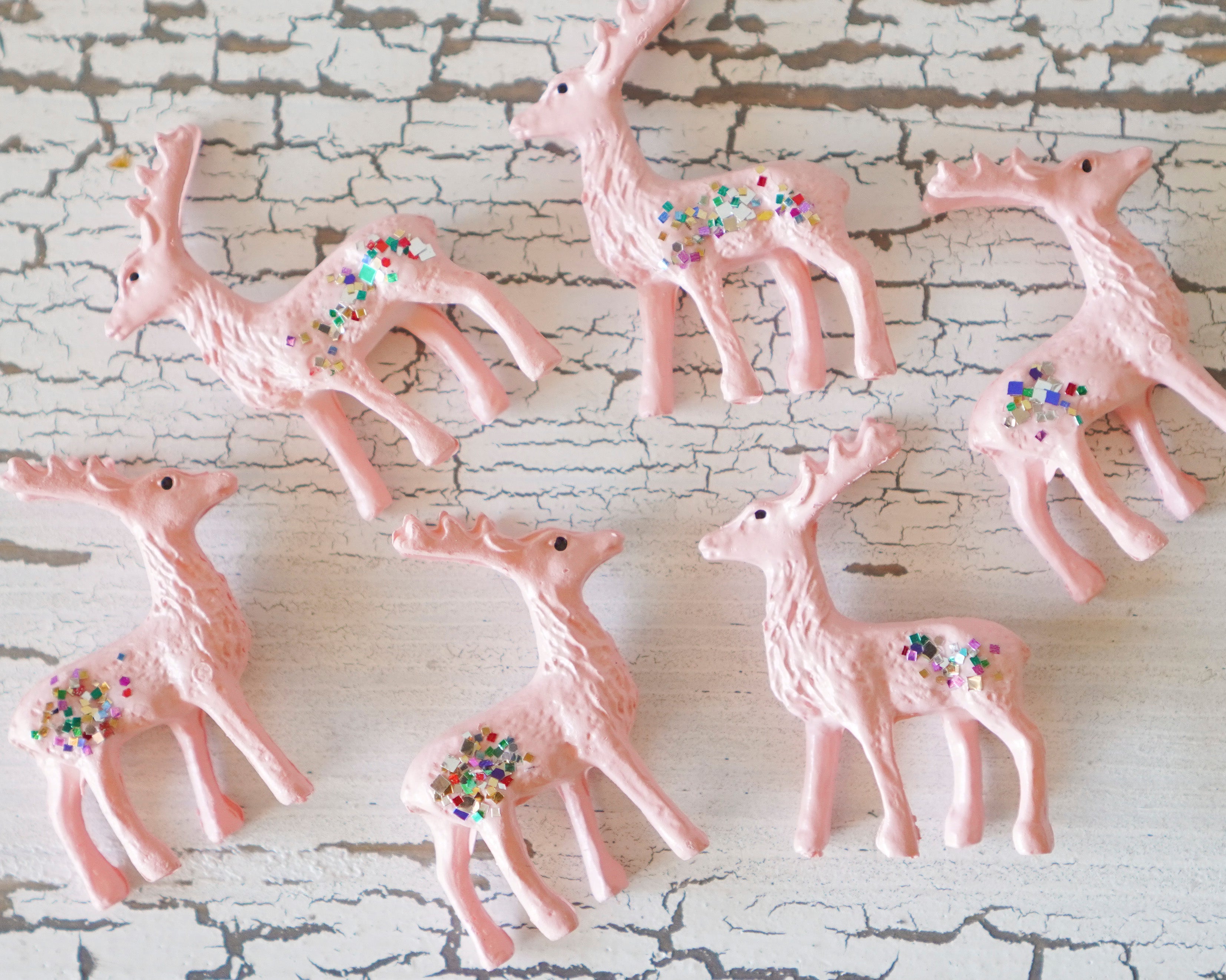 Miniature Pink Reindeer - 6 Tiny Plastic Deer with Vintage Glitter