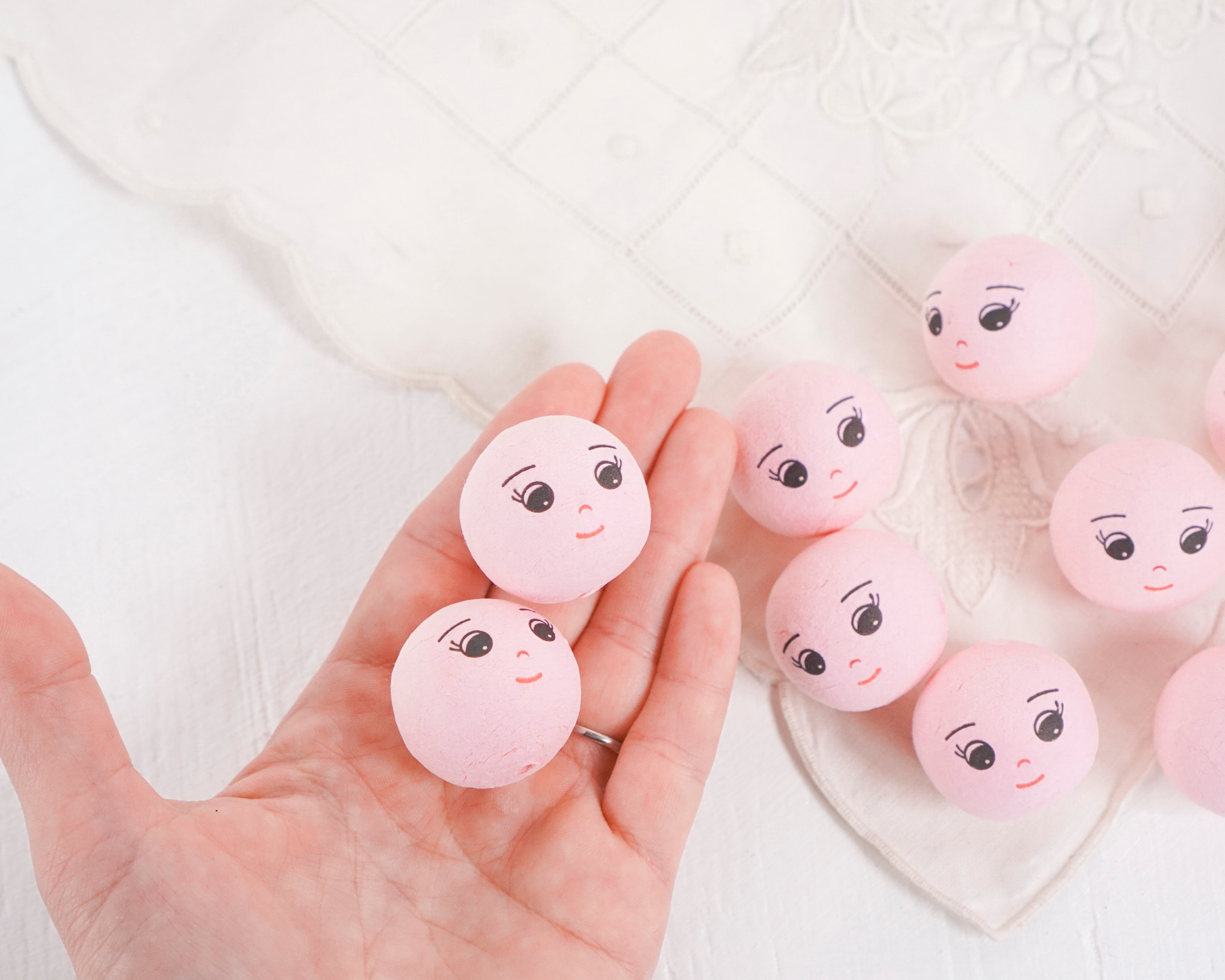 Pink Spun Cotton Heads: DREAMER - 30mm Vintage-Style Cotton Doll Heads with Faces, 12 Pcs.