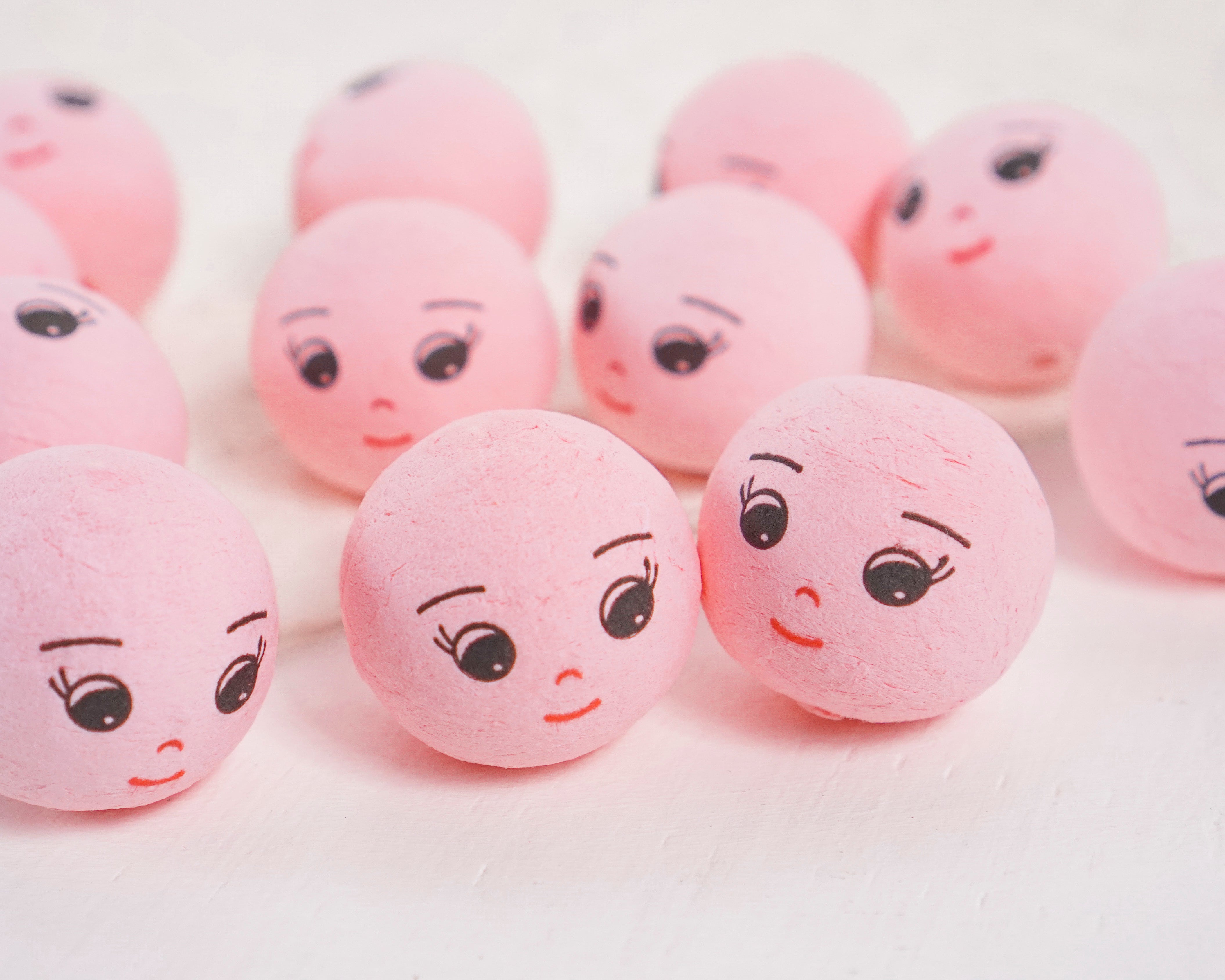 Pink Spun Cotton Heads: DREAMER - 30mm Vintage-Style Cotton Doll Heads with Faces, 12 Pcs.
