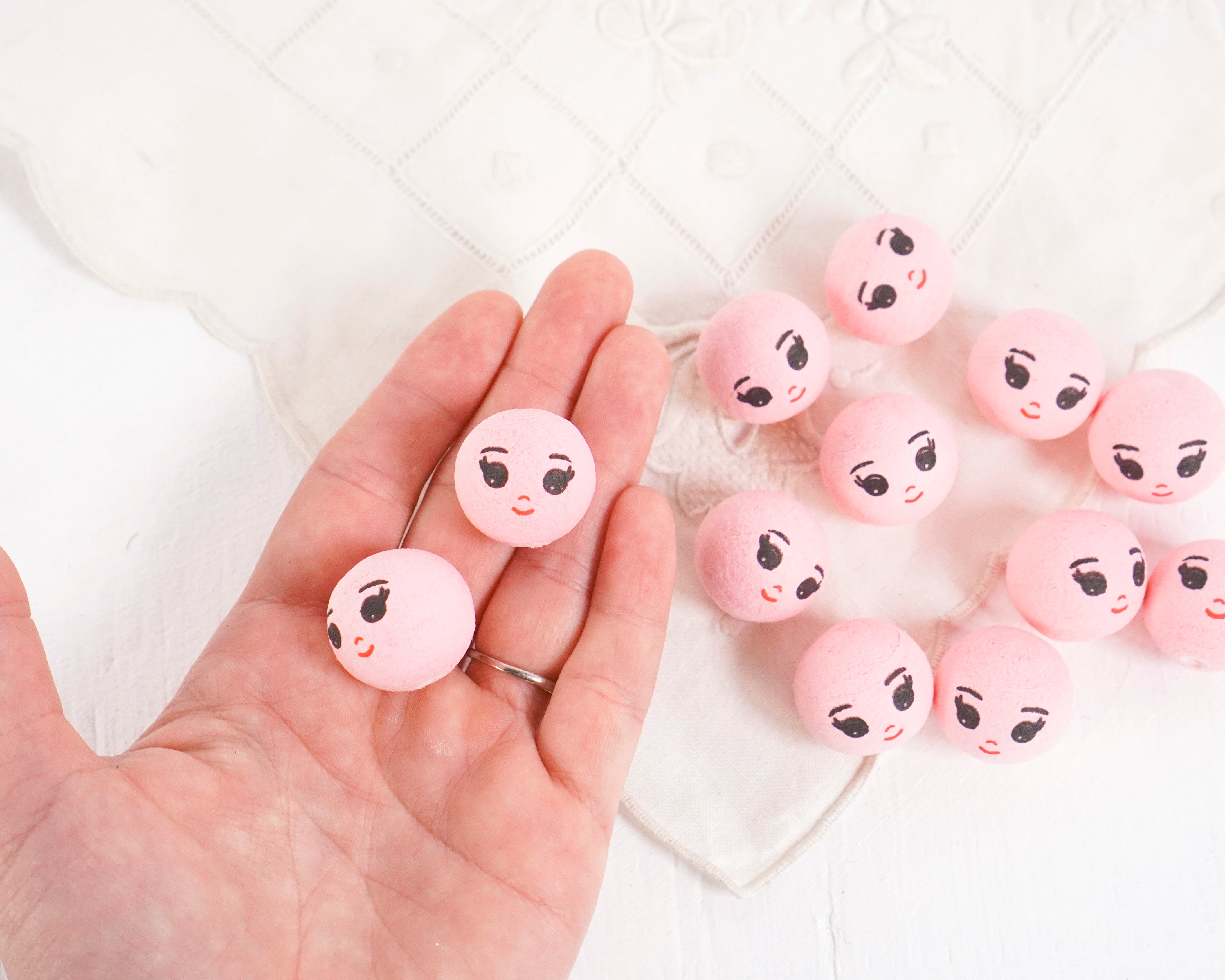 Pink Spun Cotton Heads: DREAMER - 22mm Vintage-Style Cotton Doll Heads with Faces, 12 Pcs.