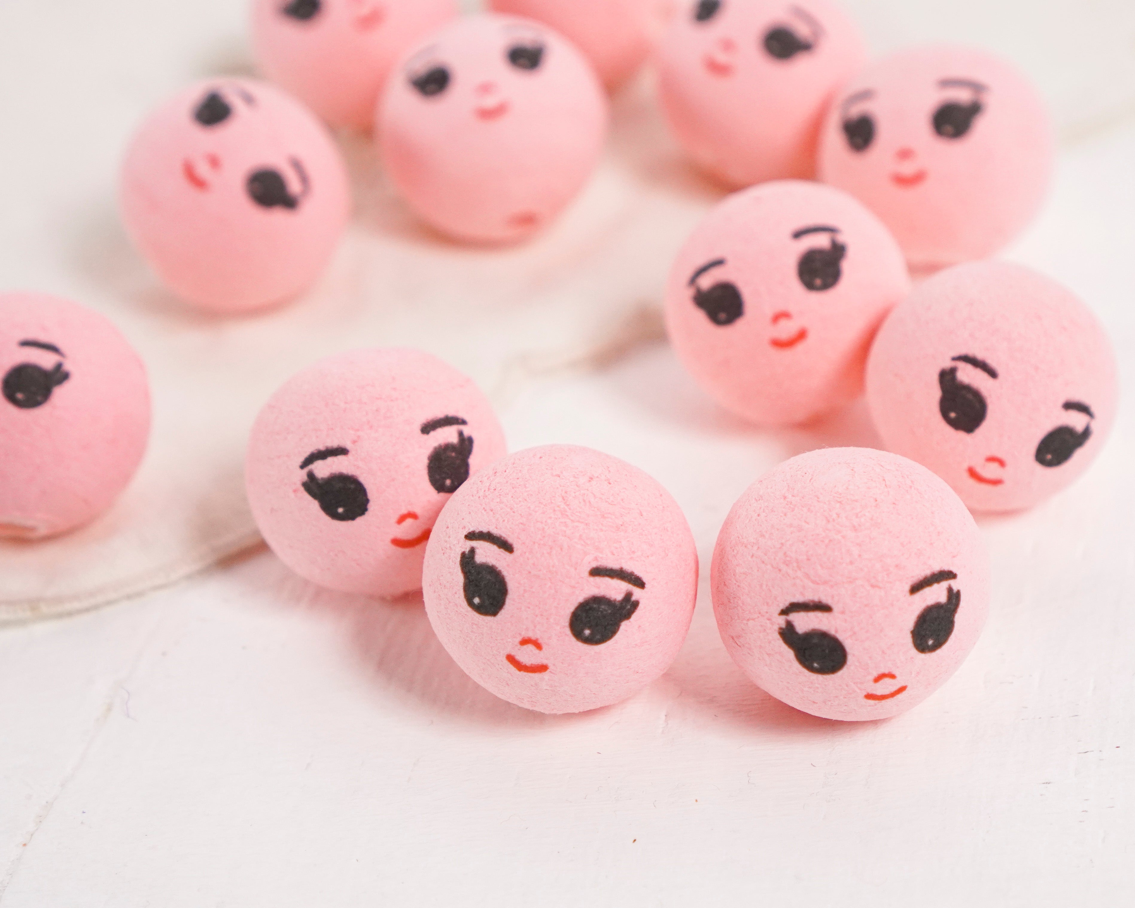 Pink Spun Cotton Heads: DREAMER - 22mm Vintage-Style Cotton Doll Heads with Faces, 12 Pcs.