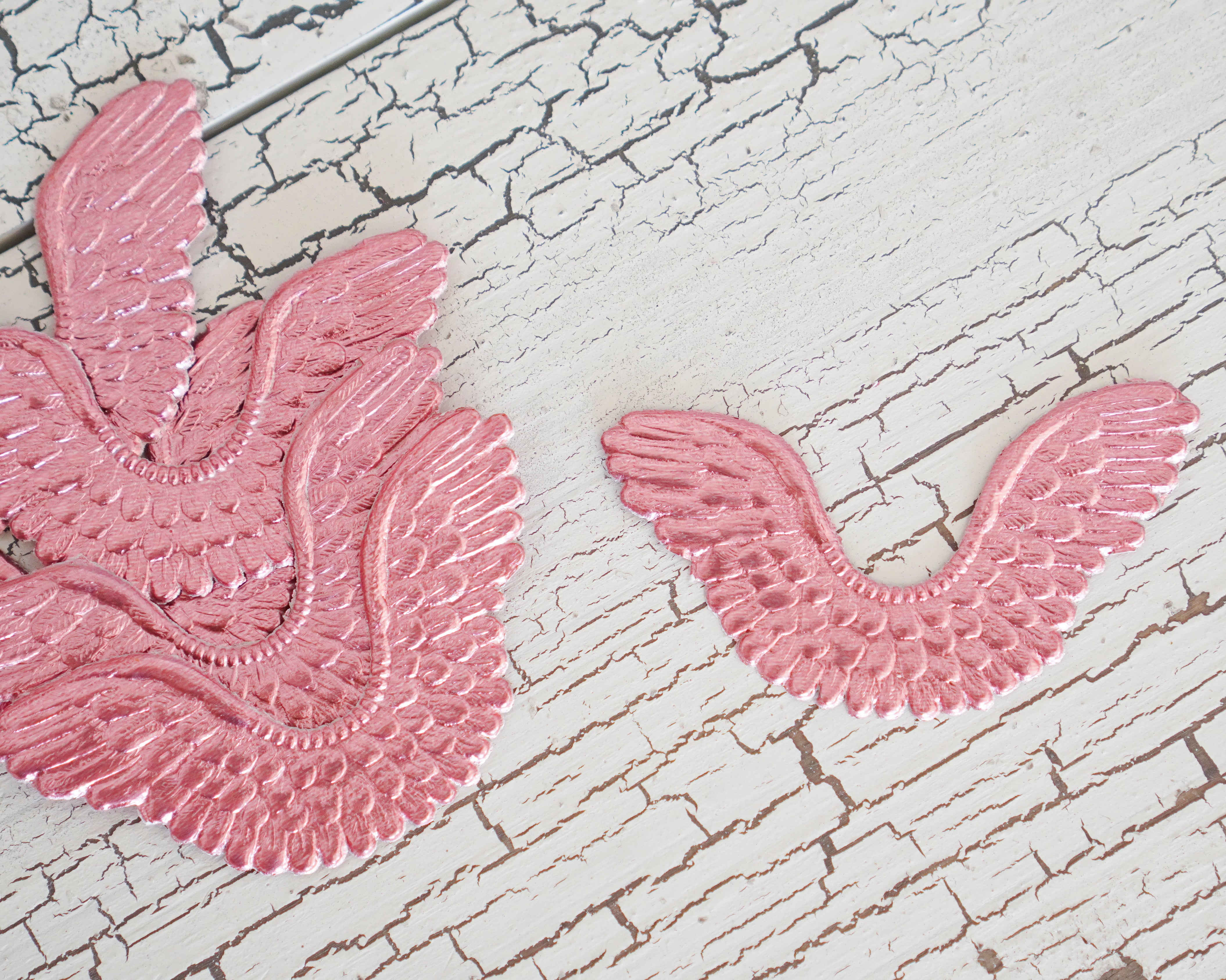 Small Pink Angel Wings - Embossed Foil Die Cut Dresden Paper Wings, 6 Pcs.