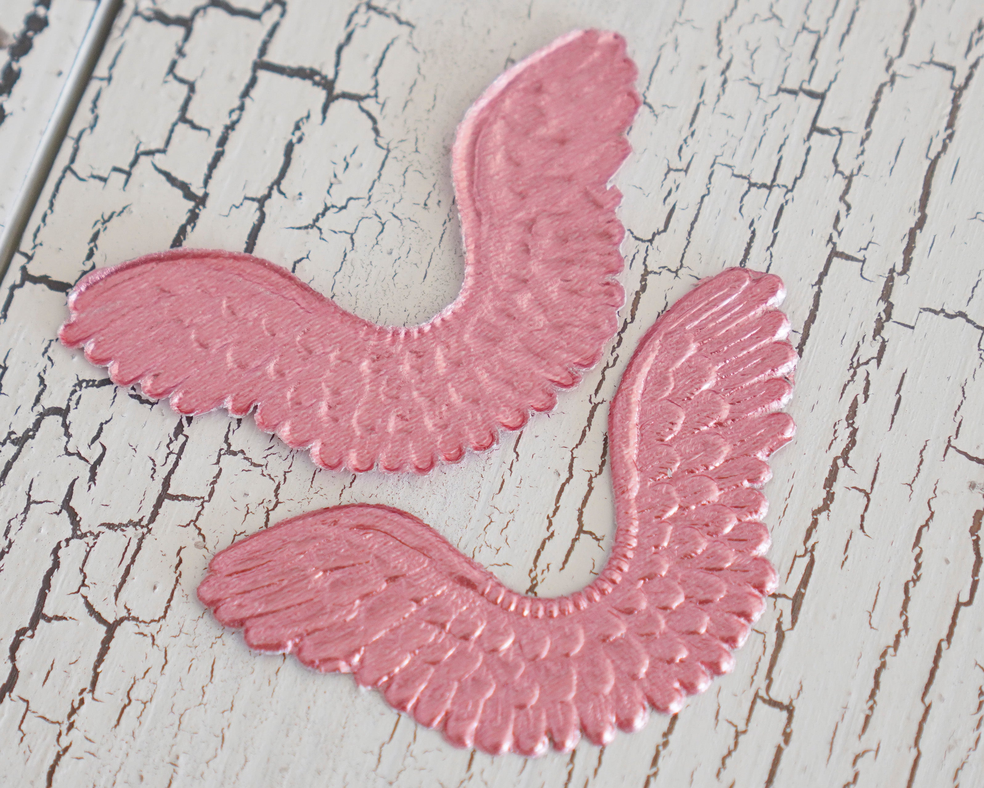 Small Pink Angel Wings - Embossed Foil Die Cut Dresden Paper Wings, 6 Pcs.