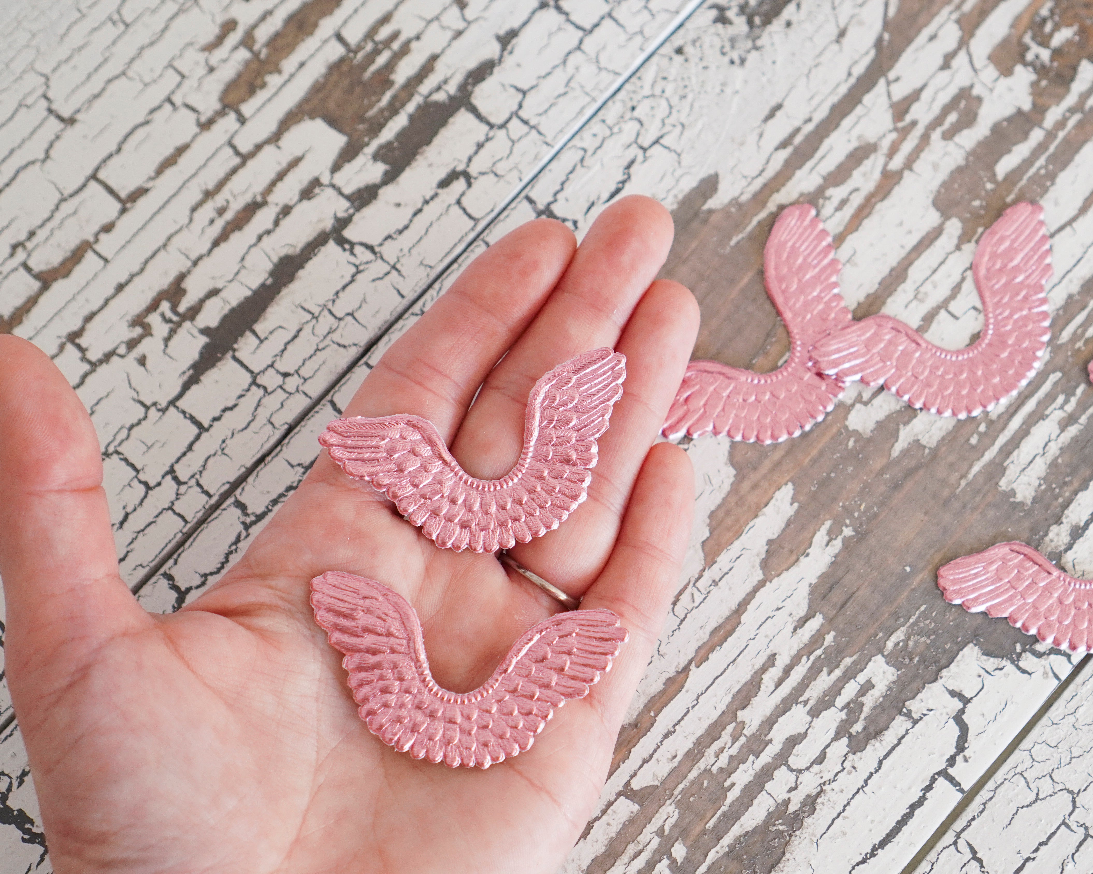 Small Pink Angel Wings - Embossed Foil Die Cut Dresden Paper Wings, 6 Pcs.