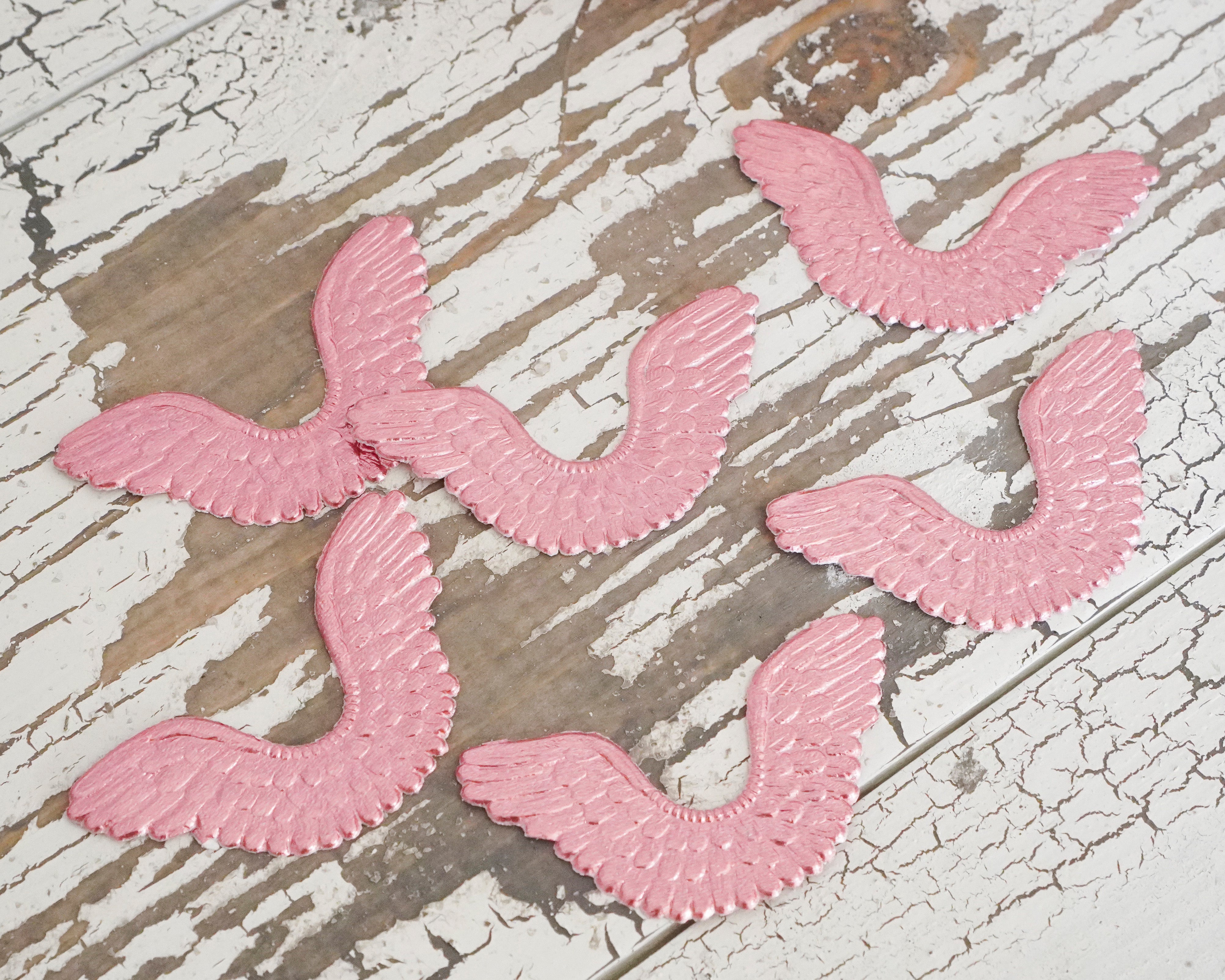 Small Pink Angel Wings - Embossed Foil Die Cut Dresden Paper Wings, 6 Pcs.