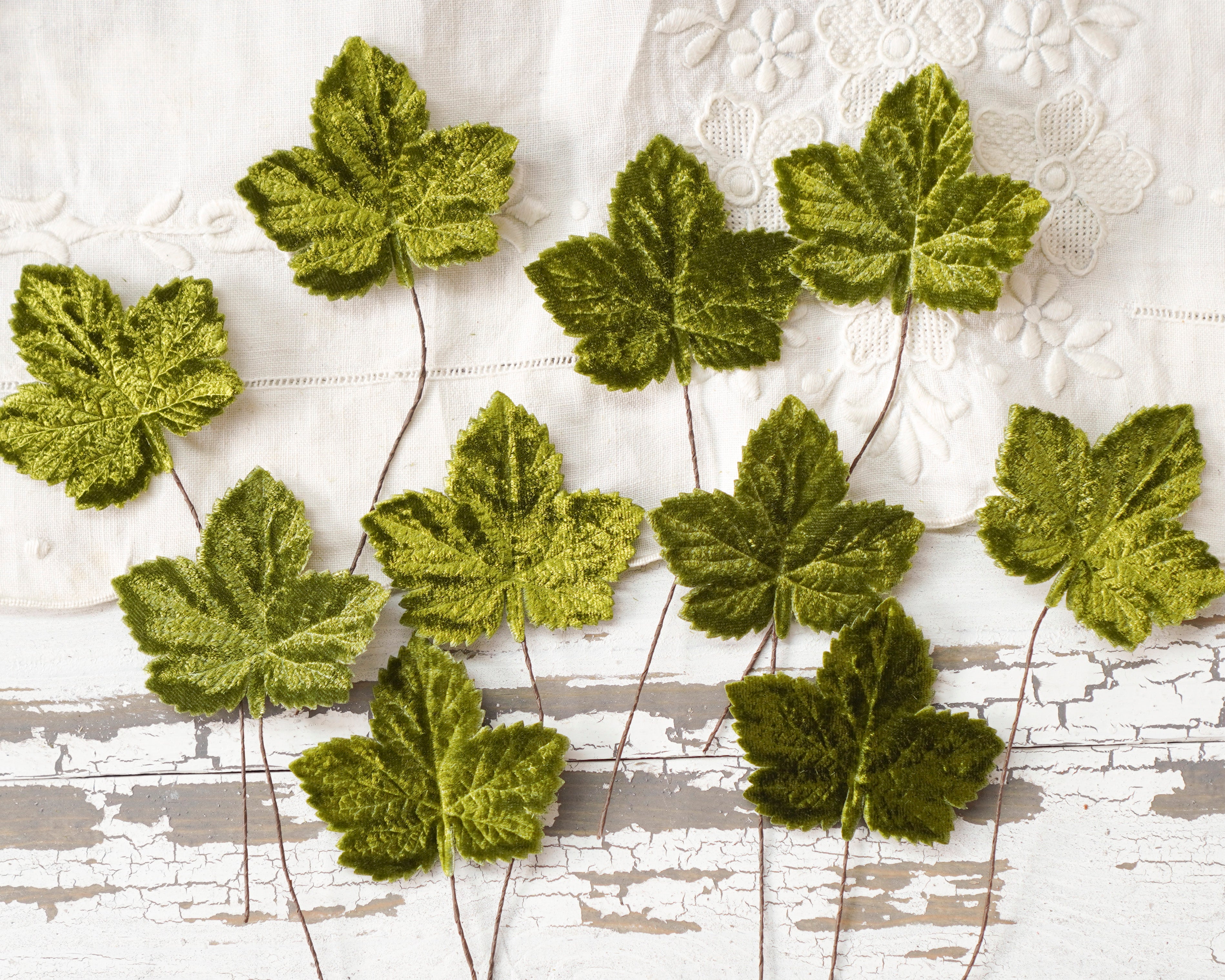 Mini Velvet Pumpkin Leaves - Moss Green Autumn Craft Leaf Stems, 10 Pcs.
