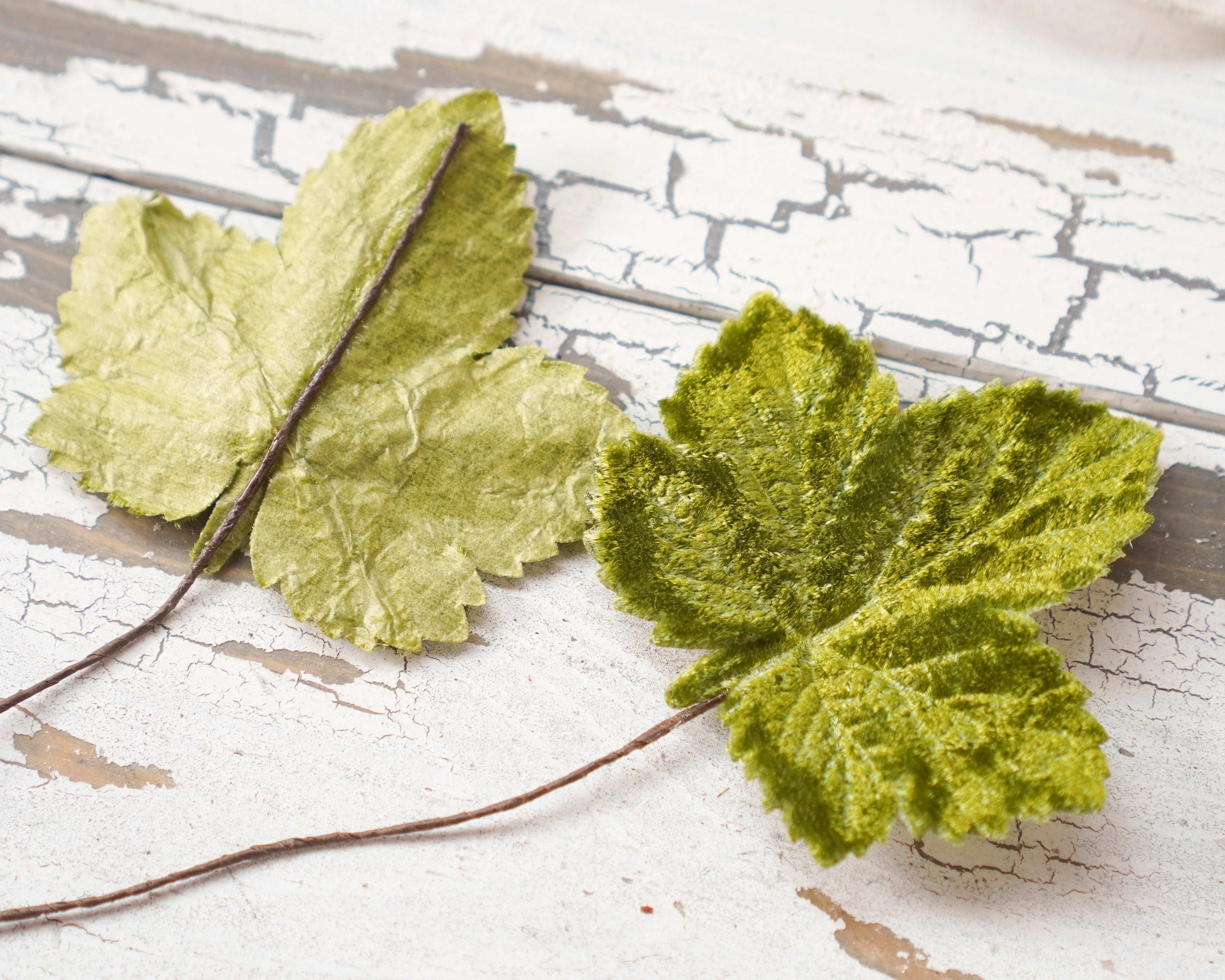 Mini Velvet Pumpkin Leaves - Moss Green Autumn Craft Leaf Stems, 10 Pcs.
