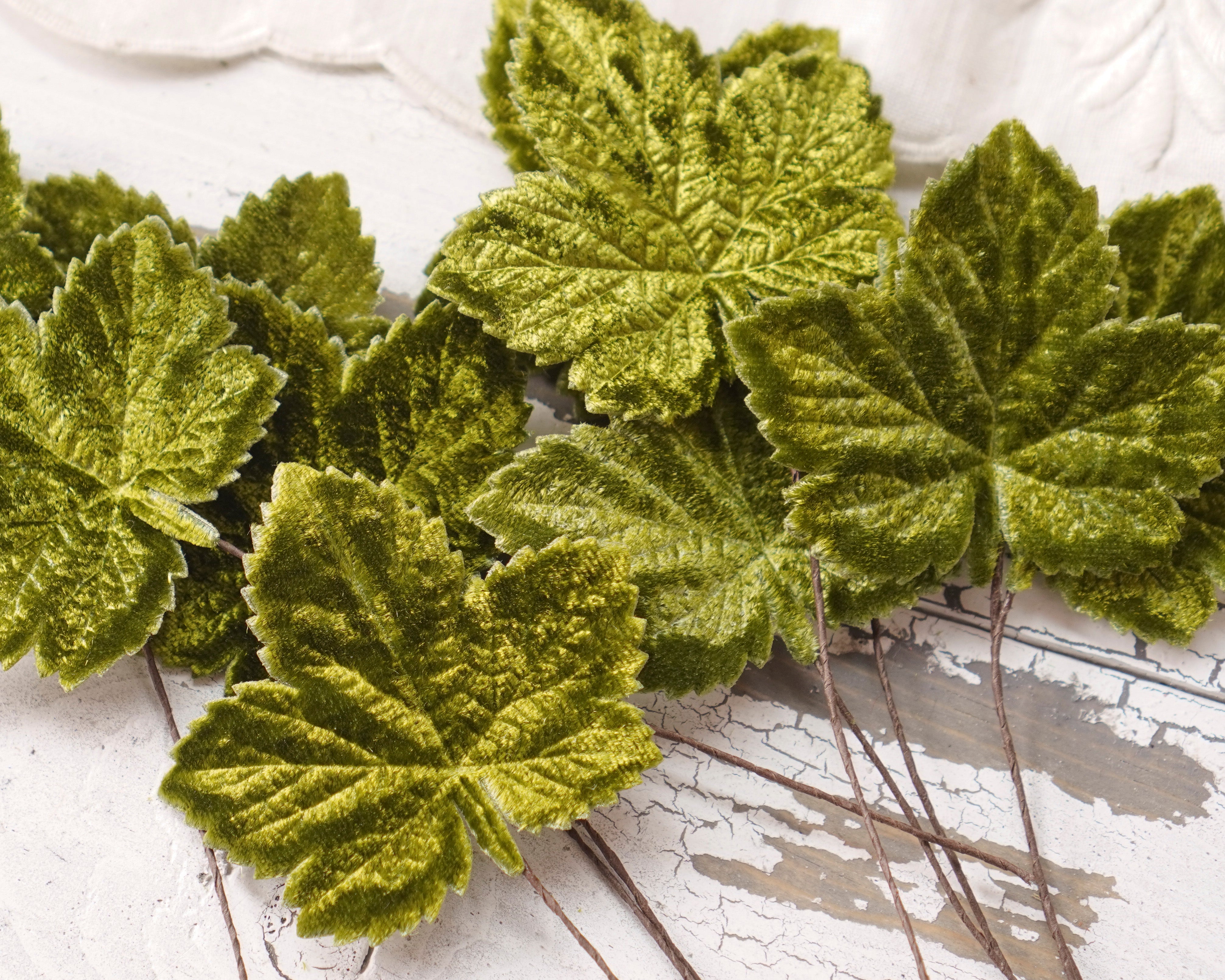 Mini Velvet Pumpkin Leaves - Moss Green Autumn Craft Leaf Stems, 10 Pcs.