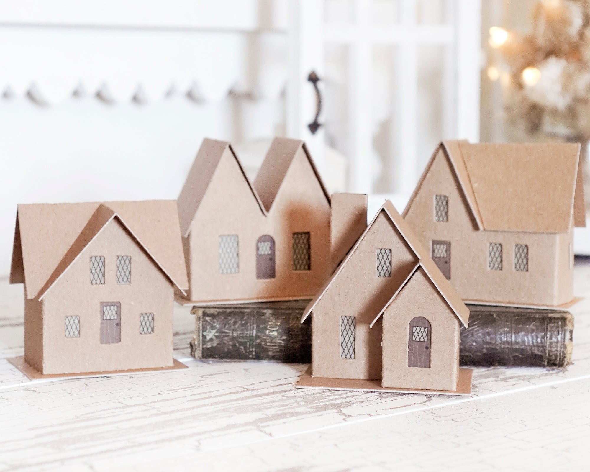 Christmas Village Putz Kit - DIY Flat Pack Vintage Style Chipboard Houses, 4-Piece Set