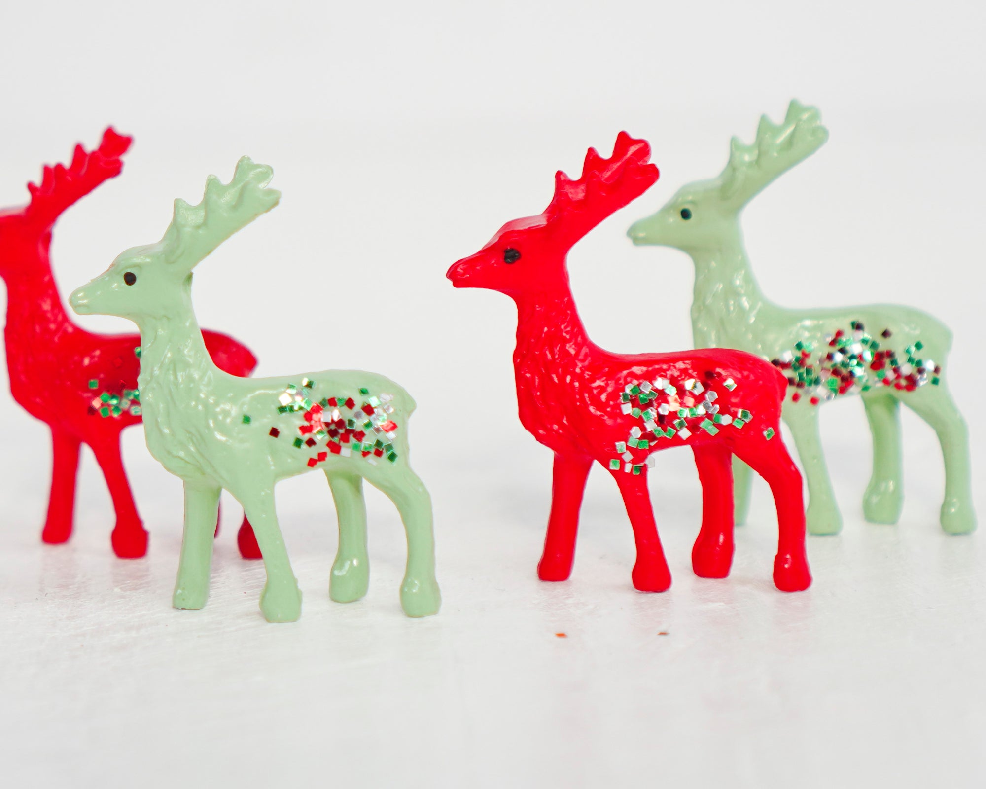 Miniature Christmas Deer - 6 Red and Green Plastic Reindeer with Glitter