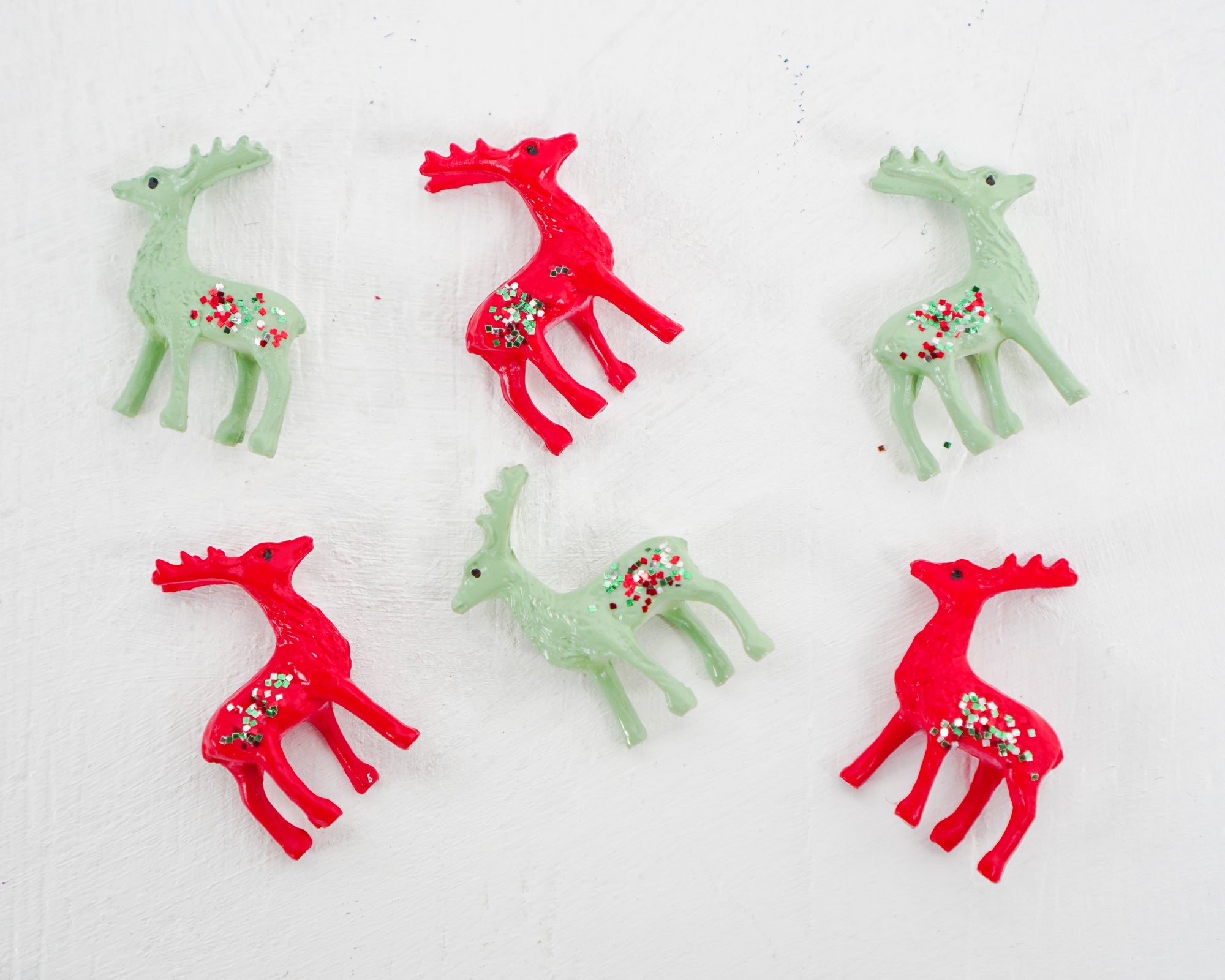 Miniature Christmas Deer - 6 Red and Green Plastic Reindeer with Glitter