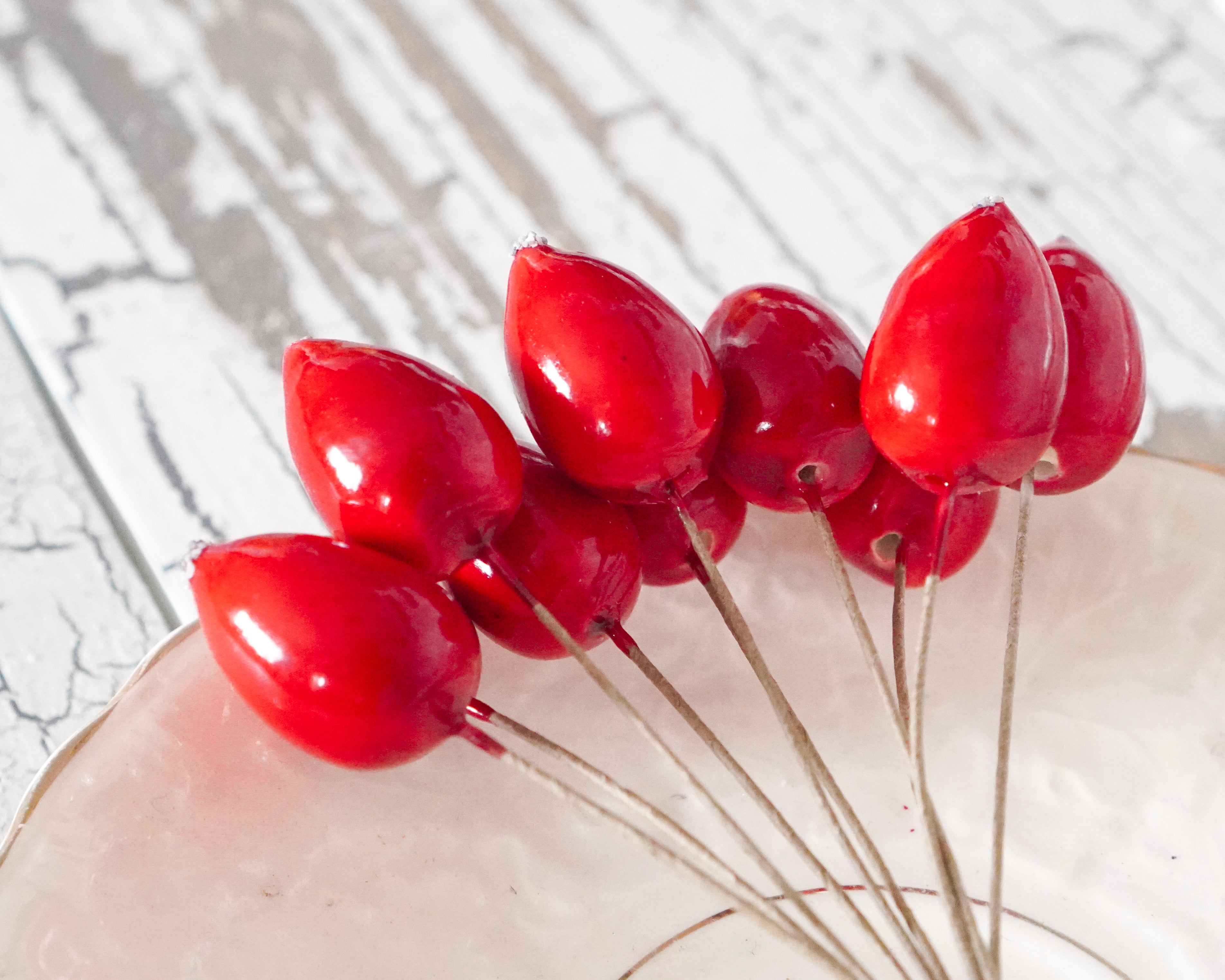 Spun Cotton Rose Hips - Vintage Style Floral Stems, 10 pcs.