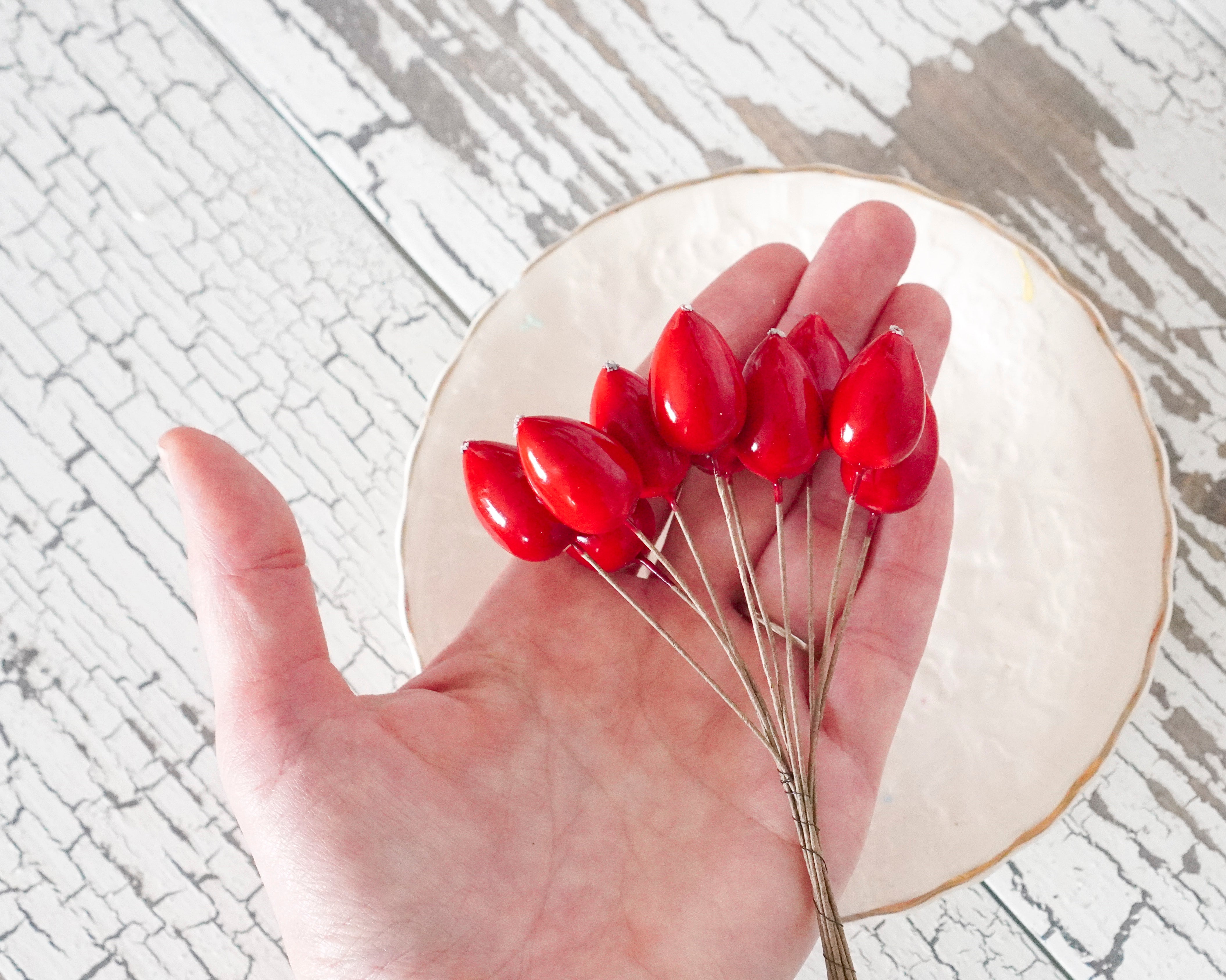 Spun Cotton Rose Hips - Vintage Style Floral Stems, 10 pcs.