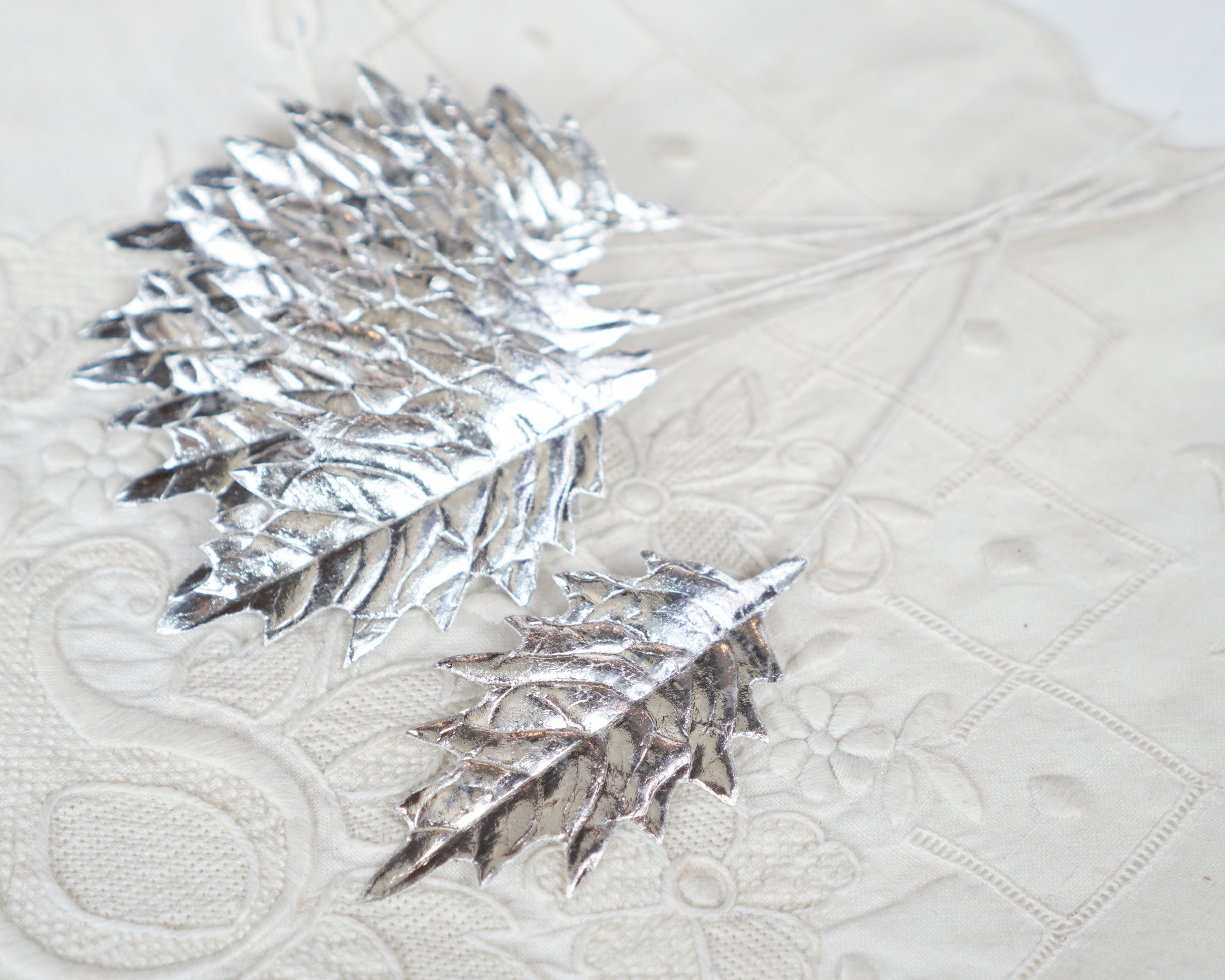 Silver Foiled Holly Leaves, 10 Pcs.