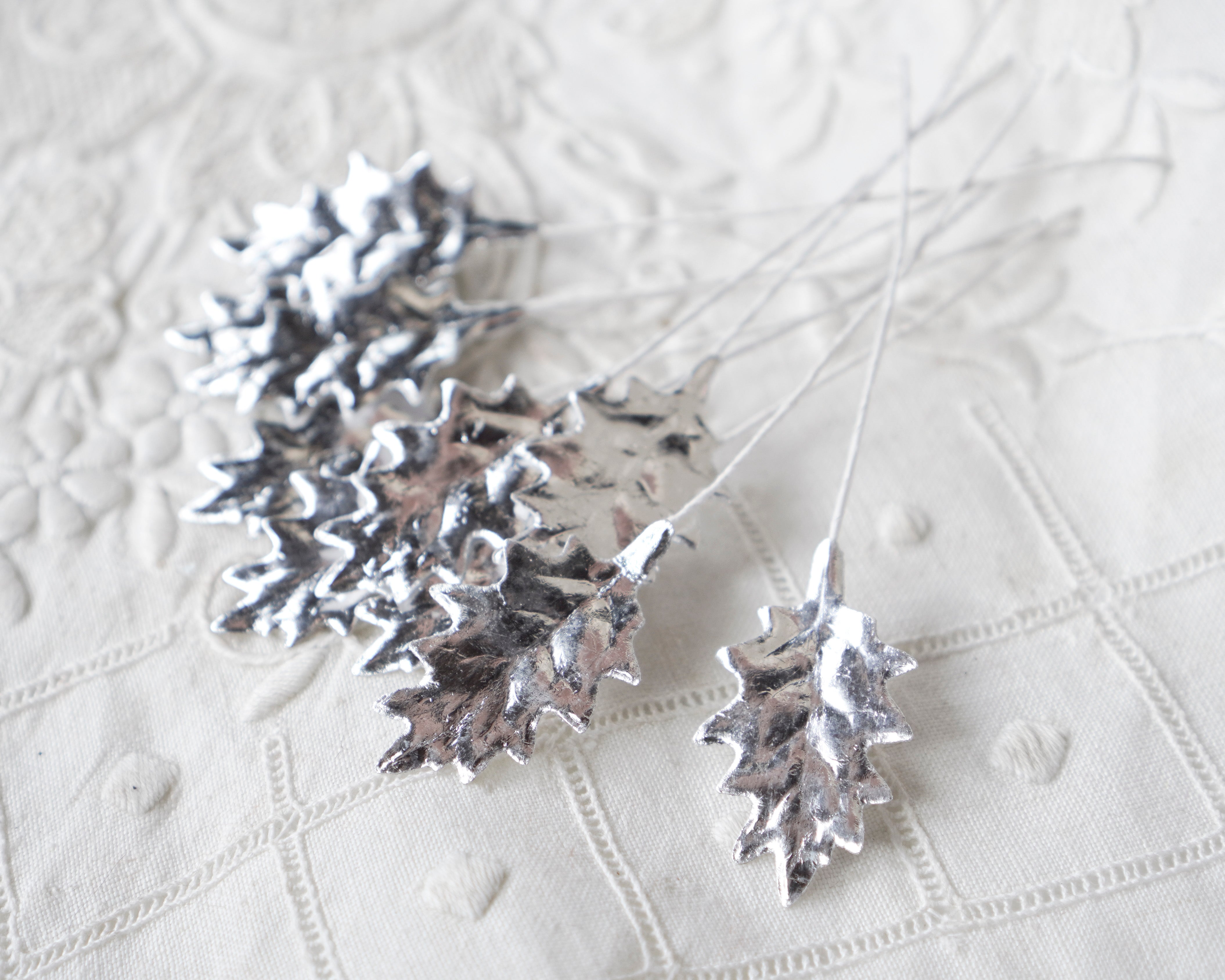 Mini Silver Foiled Holly Leaves, 10 Pcs.
