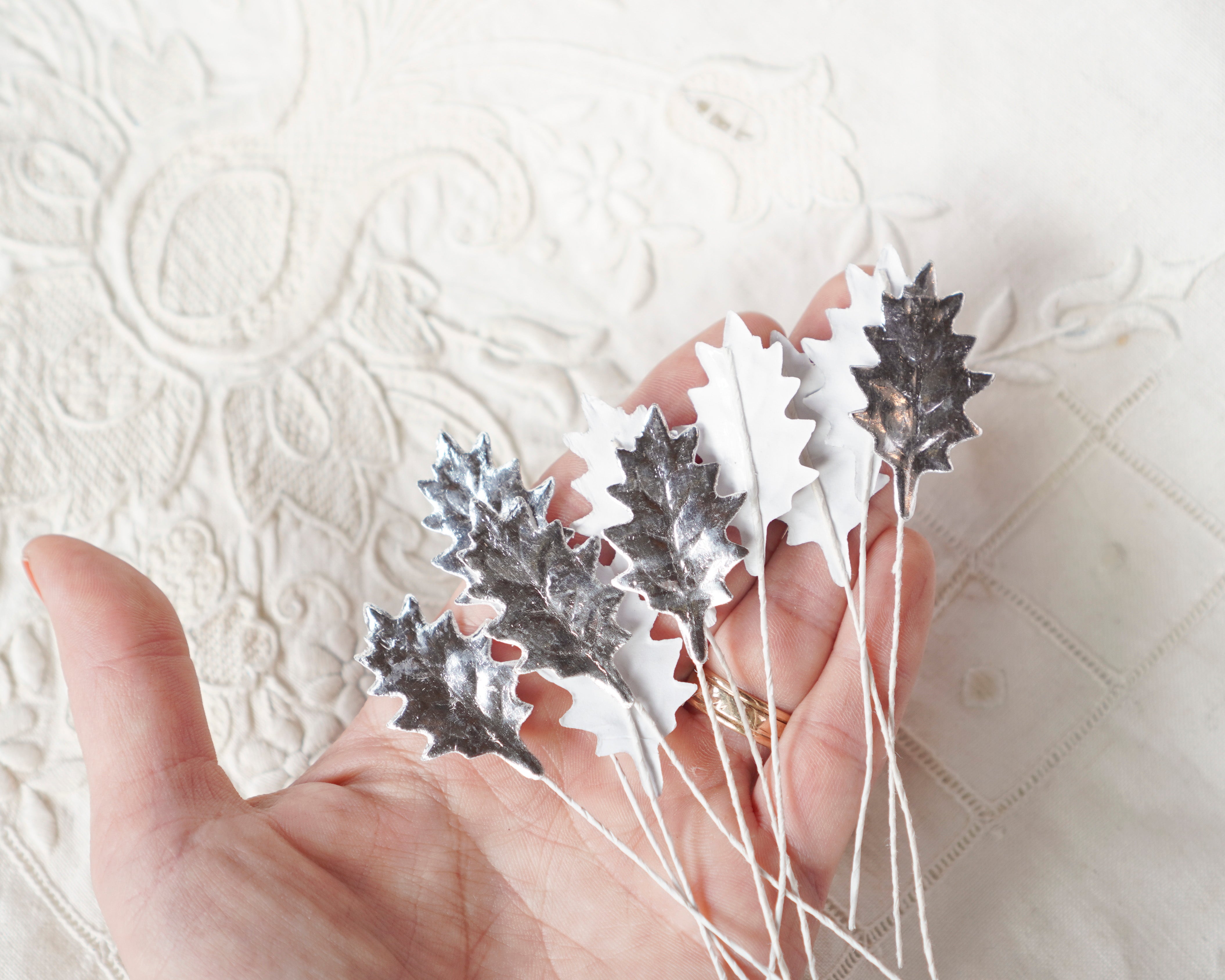 Mini Silver Foiled Holly Leaves, 10 Pcs.
