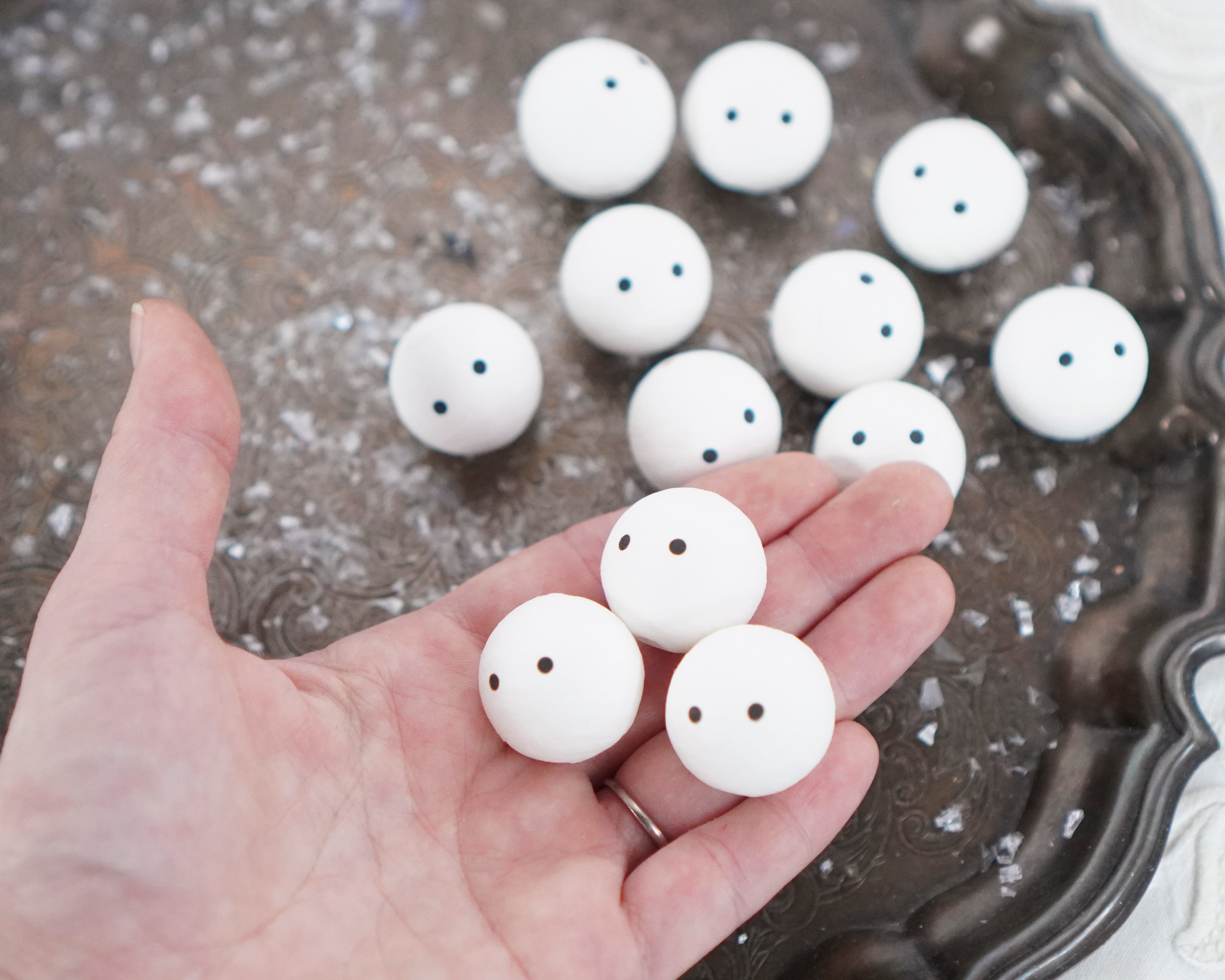 Simple Snowman Heads - 24mm Spun Cotton Snowmen with Dot Eyes, 12 Pcs.