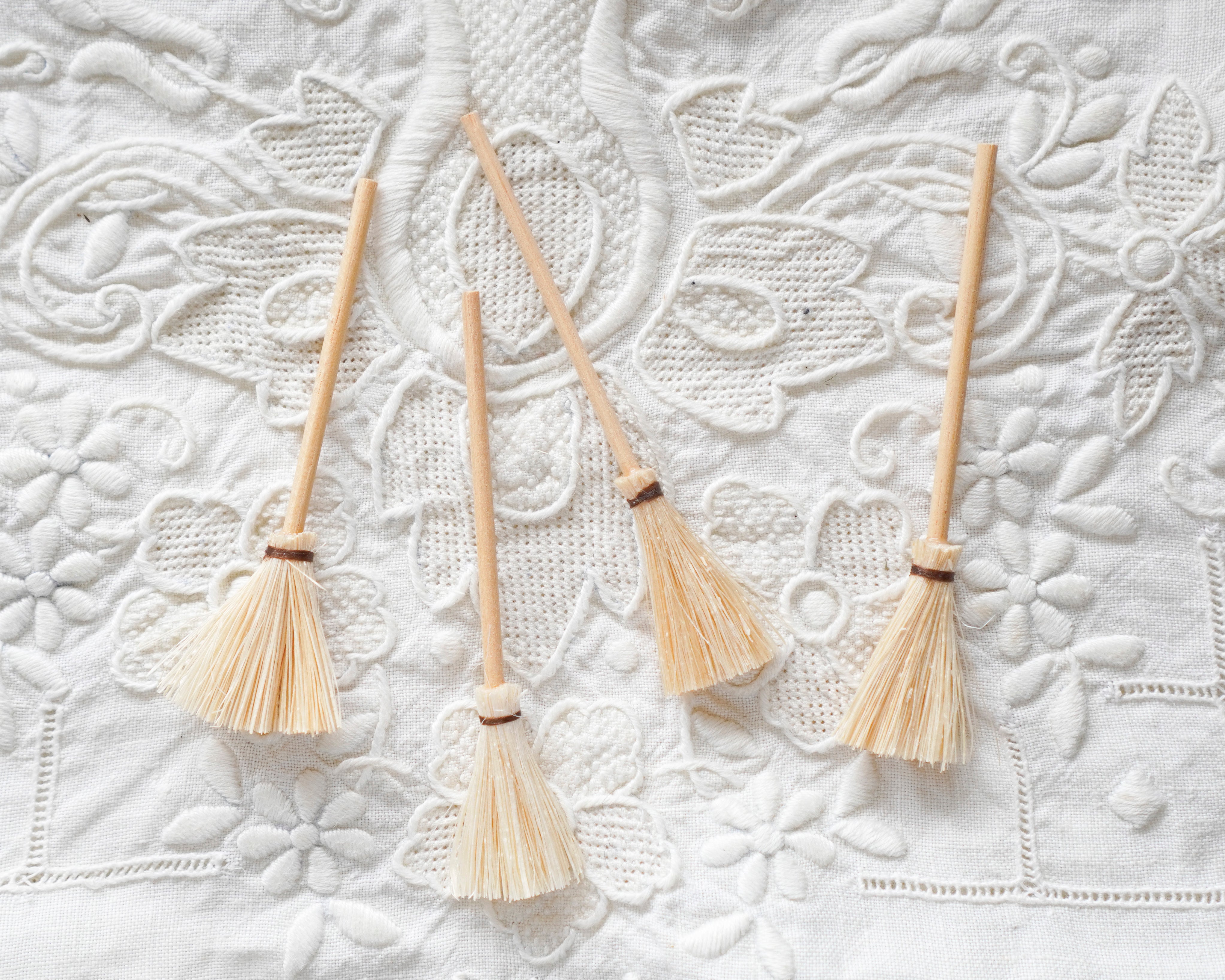Miniature Sisal Brooms - 4 Small Natural Brooms for Dolls, Witches, or Snowmen