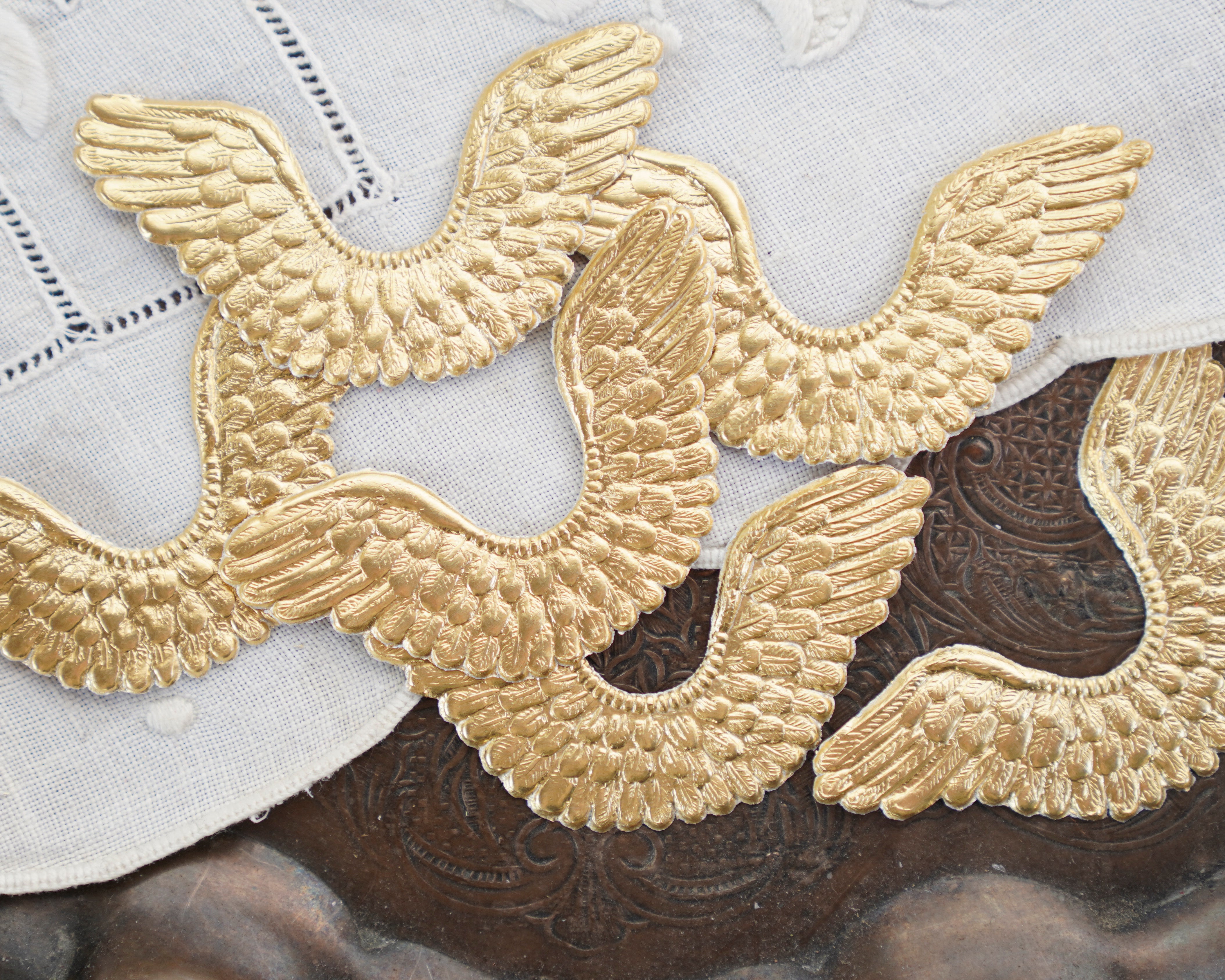 Small Angel Wings - Embossed Gold Foil Die Cut Dresden Paper Wings, 6 Pcs.