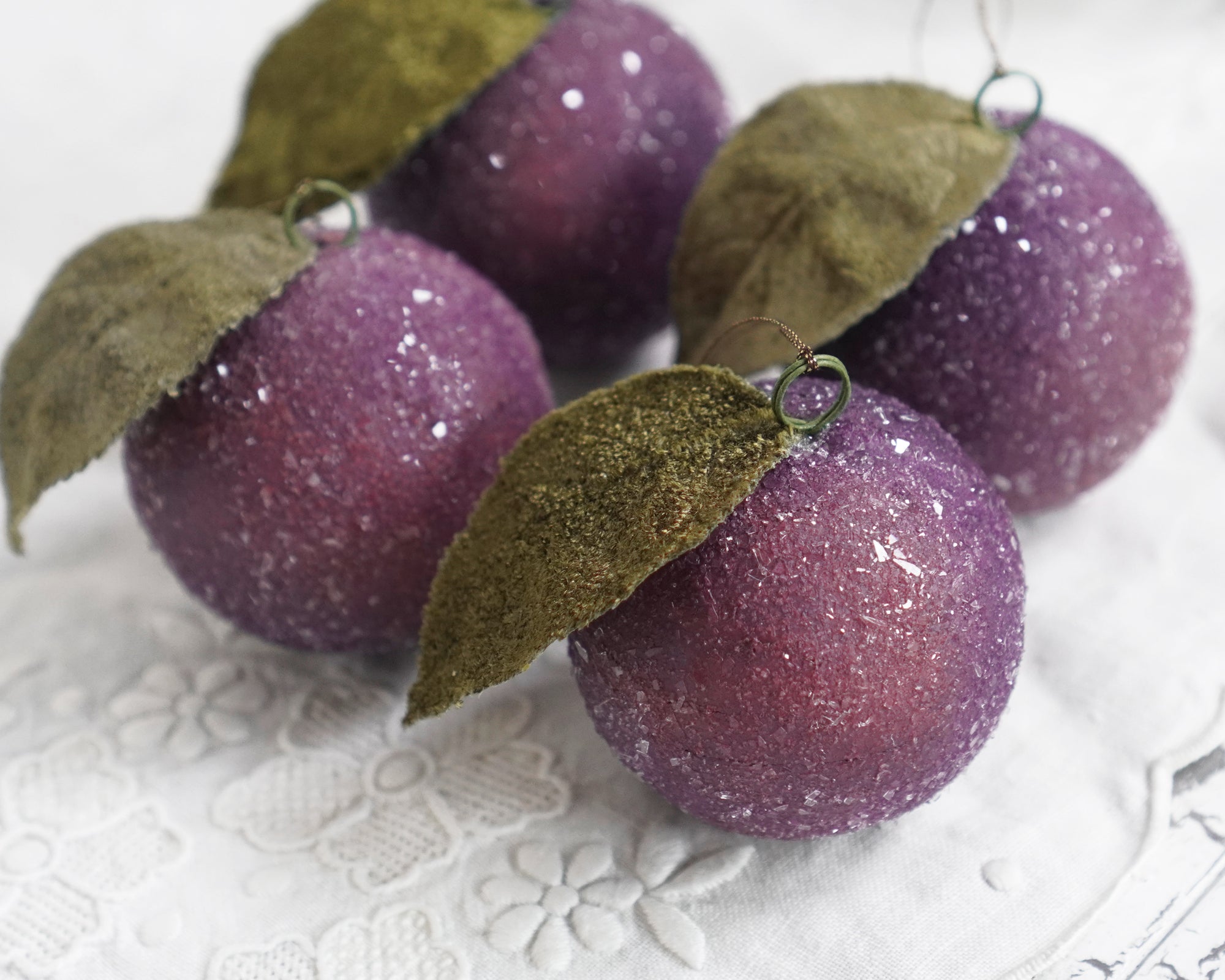 Spun Cotton Sugar Plum Christmas Ornaments - 4 Piece Boxed Set