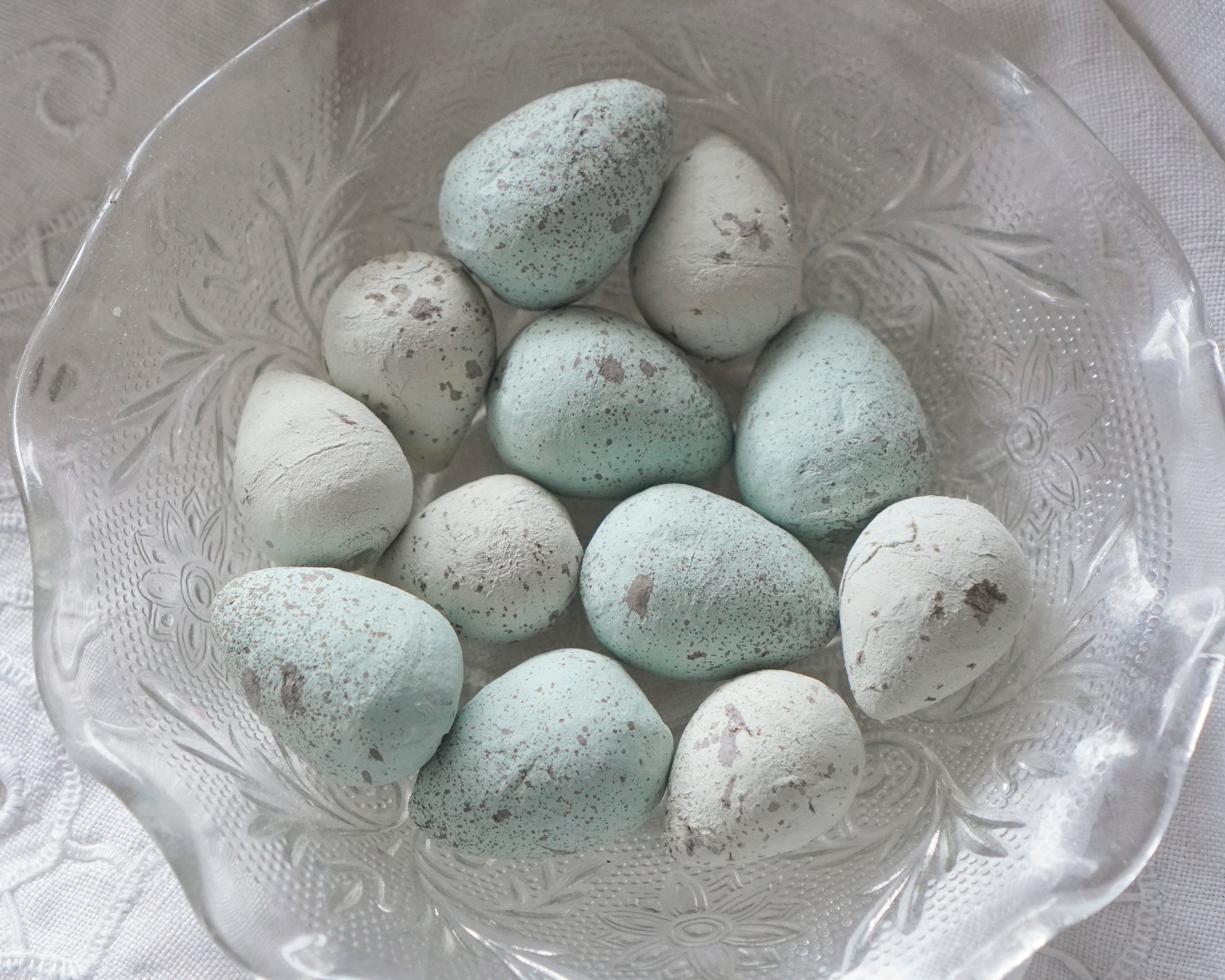 Pale Blue Speckled Spun Cotton Mini Eggs, 12 Pcs.