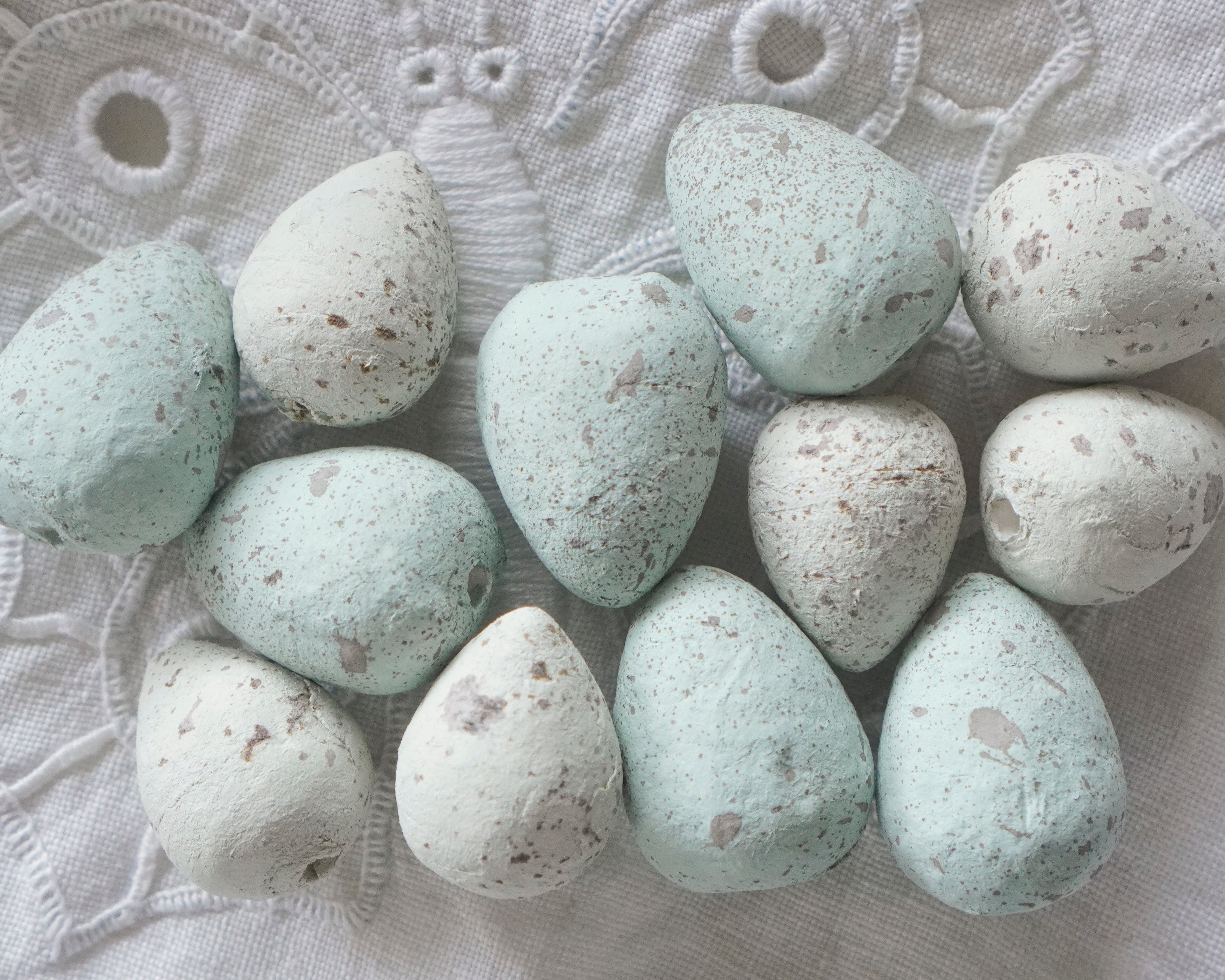 Pale Blue Speckled Spun Cotton Mini Eggs, 12 Pcs.