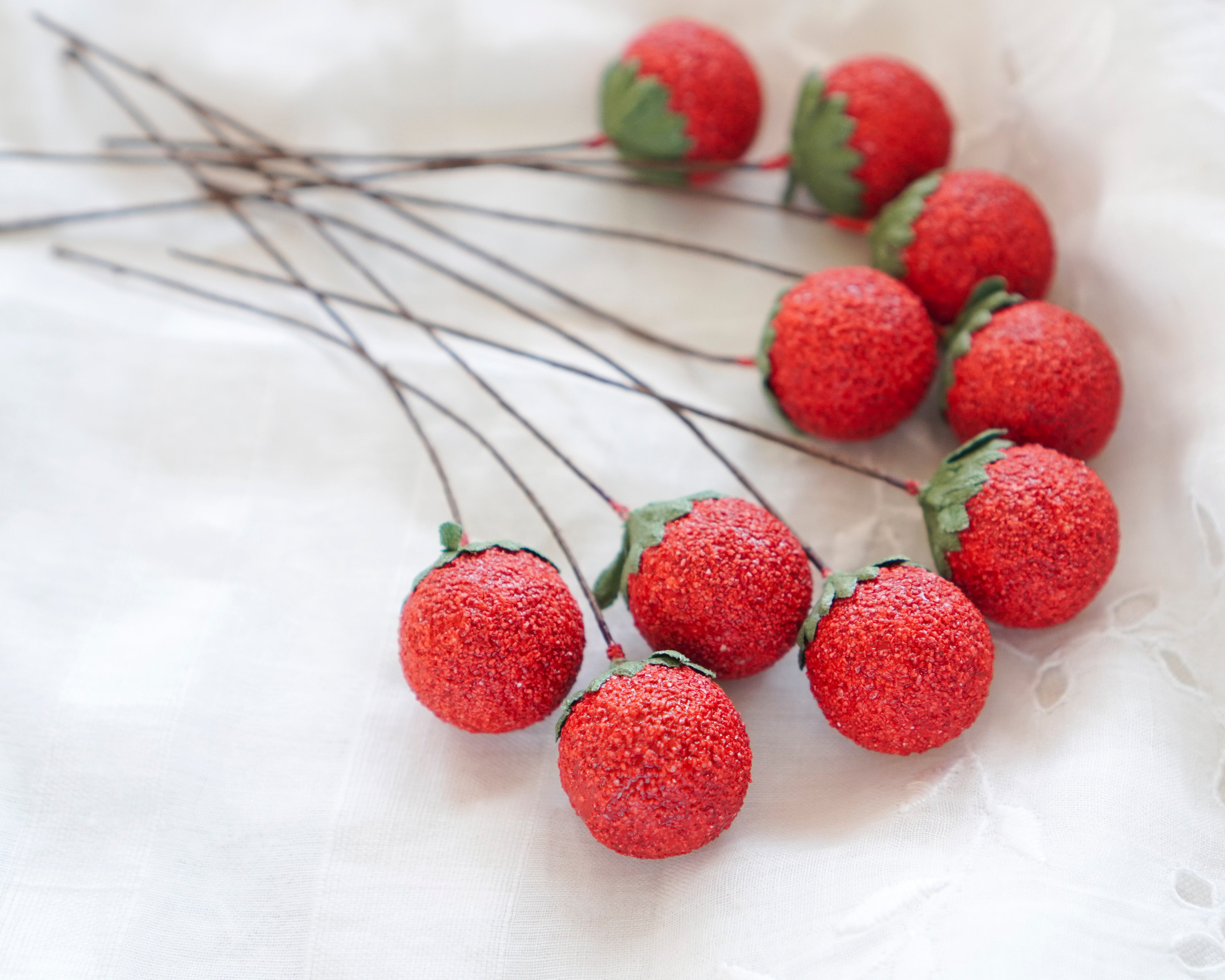 Spun Cotton Berries - Red Wild Strawberry Picks, 10 pcs.