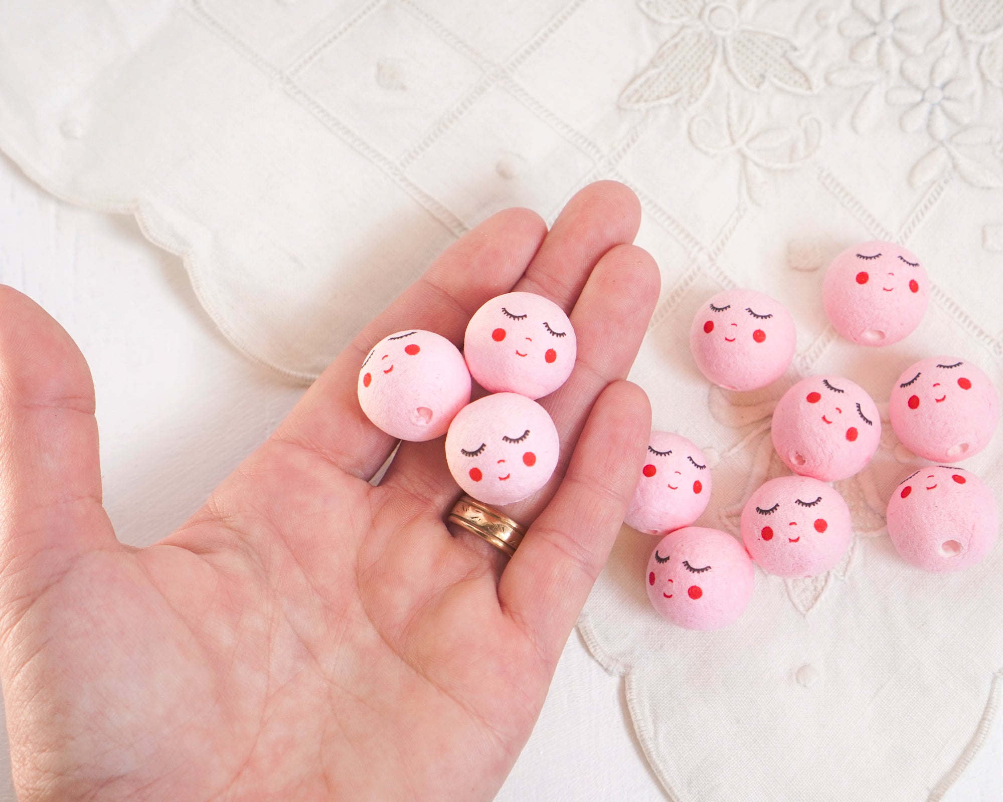 Pink Spun Cotton Heads: SWEET ANGEL - Vintage-Style Cotton Angel Heads with Faces