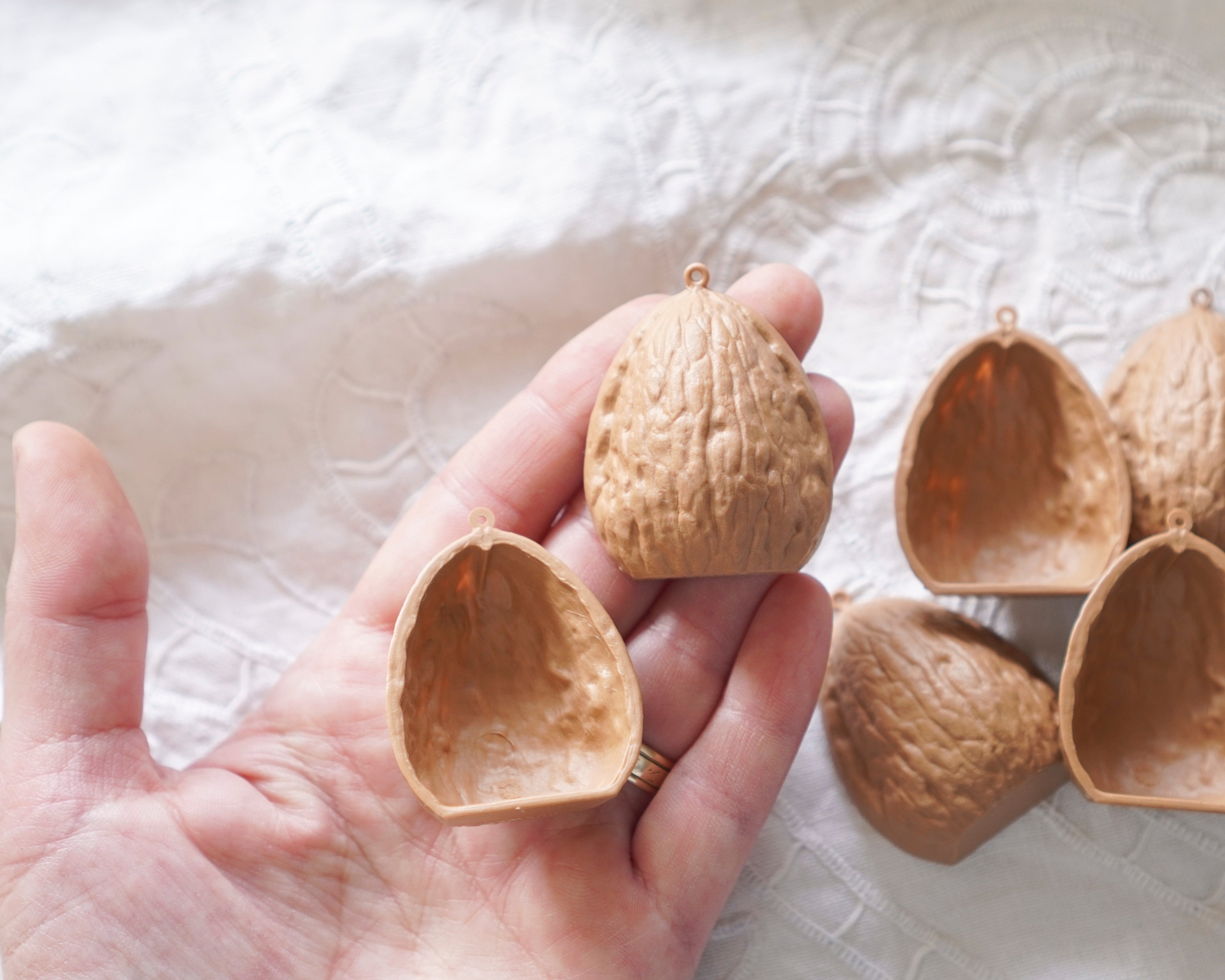 German Plastic Walnut Shell Diorama Ornaments