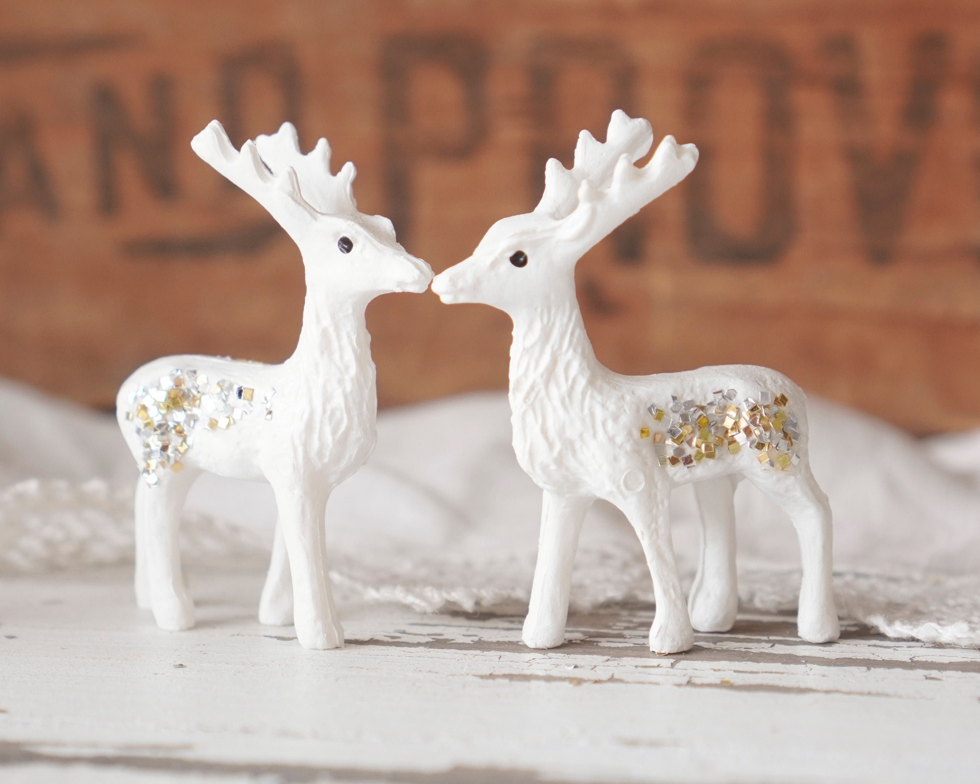 Glitter Deer - 6 Miniature Creamy White Plastic Reindeer with Vintage Glitter