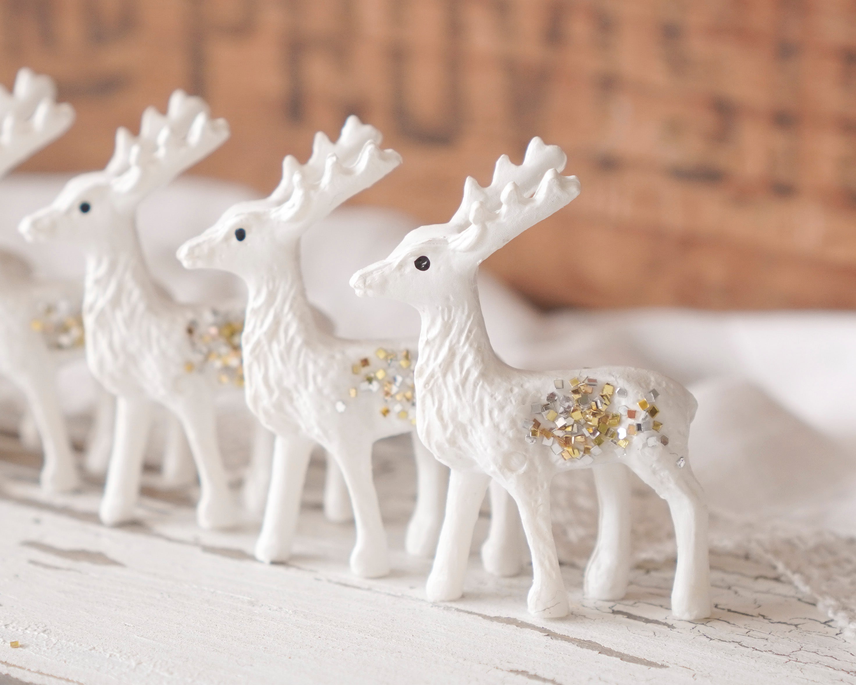 Glitter Deer - 6 Miniature Creamy White Plastic Reindeer with Vintage Glitter
