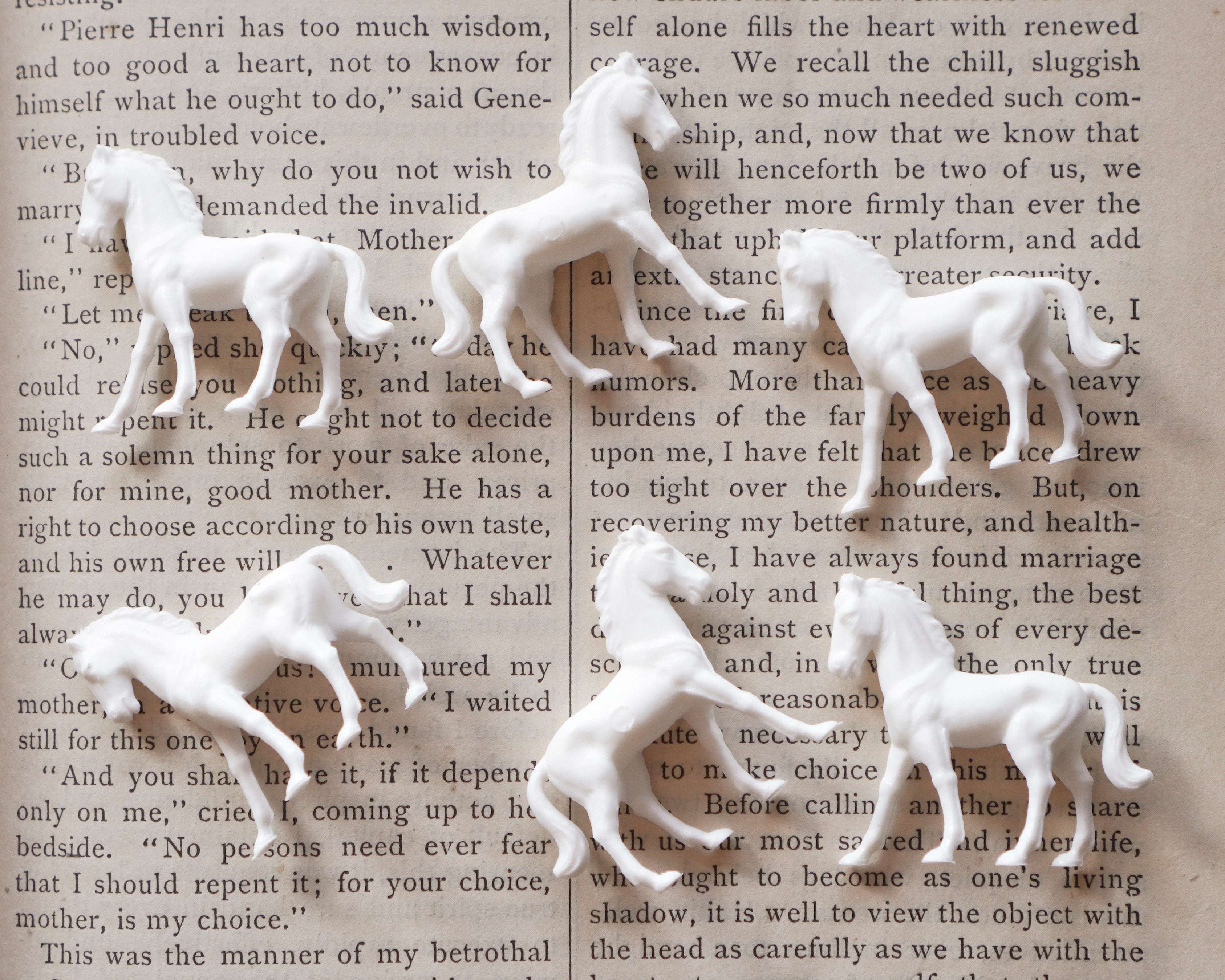 White miniature plastic horses on an open book with printed text, creating a soft, translucent contrast against the aged paper pages.