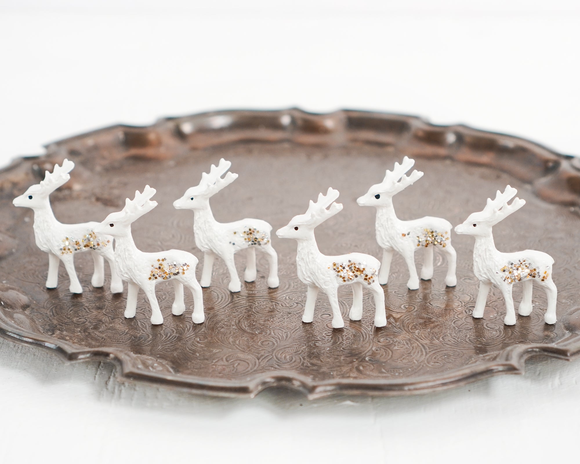 Glitter Deer - 6 Miniature Creamy White Plastic Reindeer with Vintage Glitter