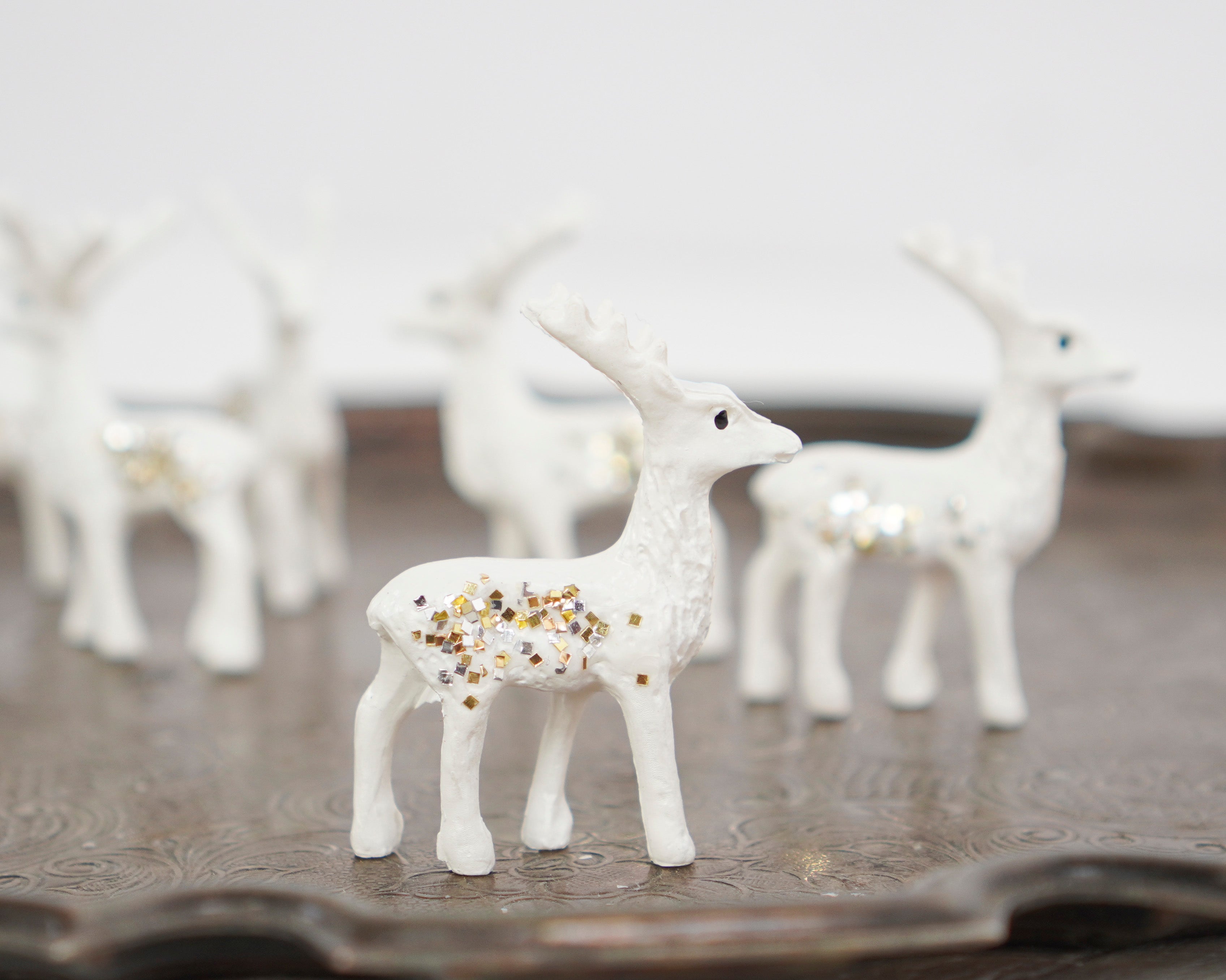 Glitter Deer - 6 Miniature Creamy White Plastic Reindeer with Vintage Glitter