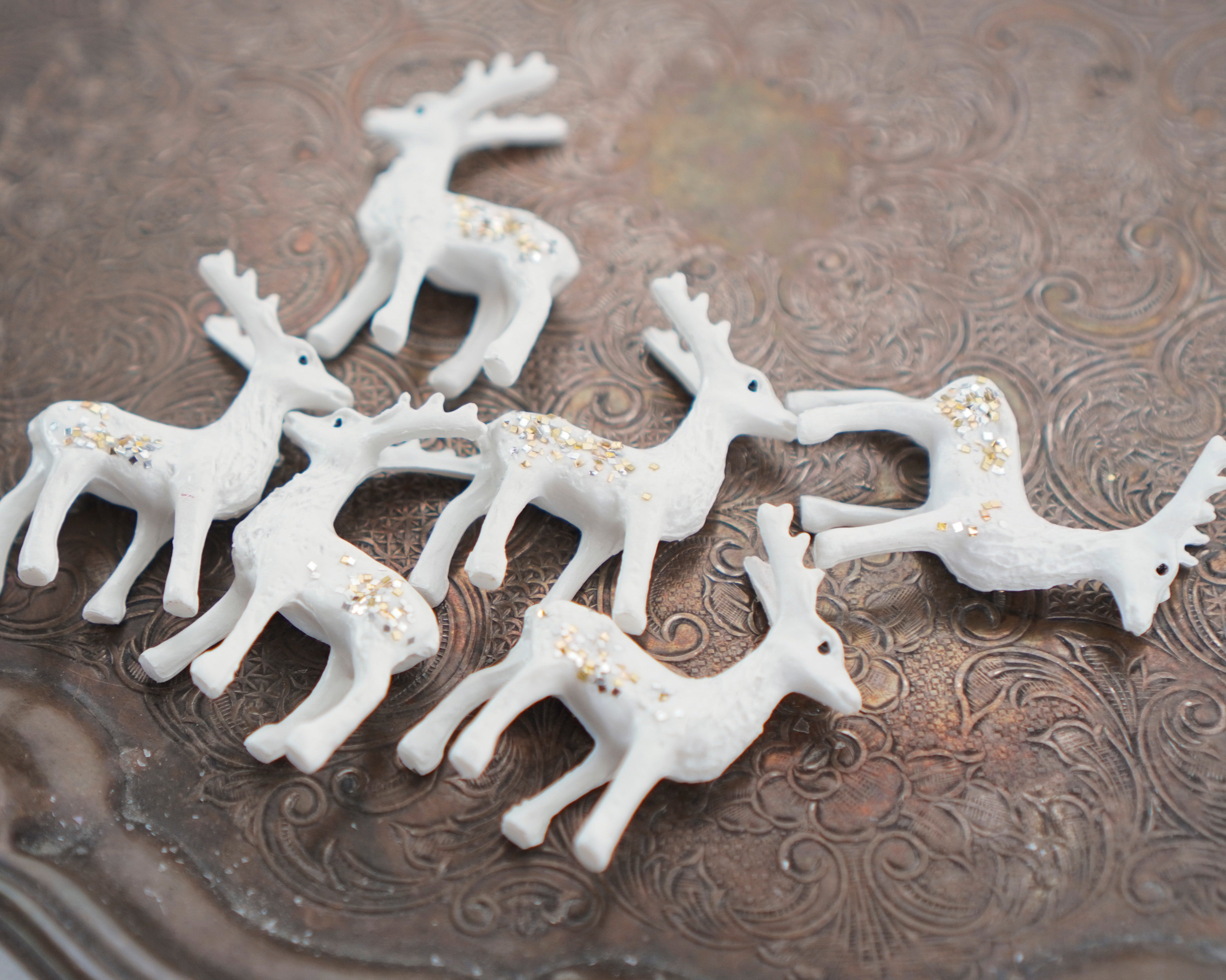 Glitter Deer - 6 Miniature Creamy White Plastic Reindeer with Vintage Glitter