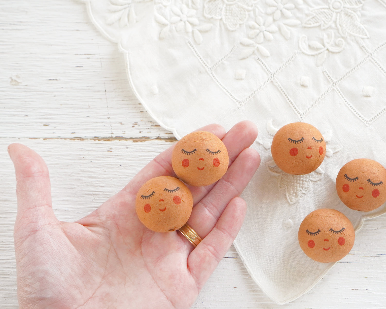 Brown Spun Cotton Heads: SWEET ANGEL - Vintage-Style Cotton Angel Heads with Faces