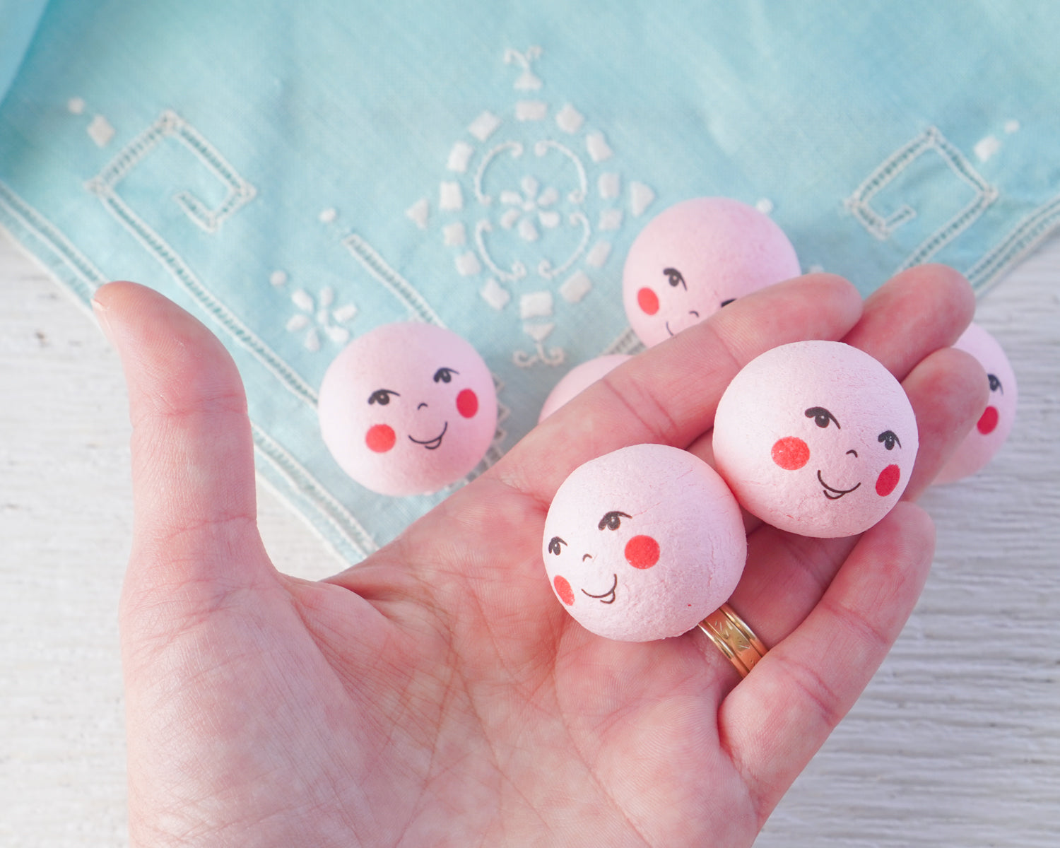 Pink Spun Cotton Heads: FOLK DOLL - Vintage-Style Cotton Angel Heads, 12 Pcs.