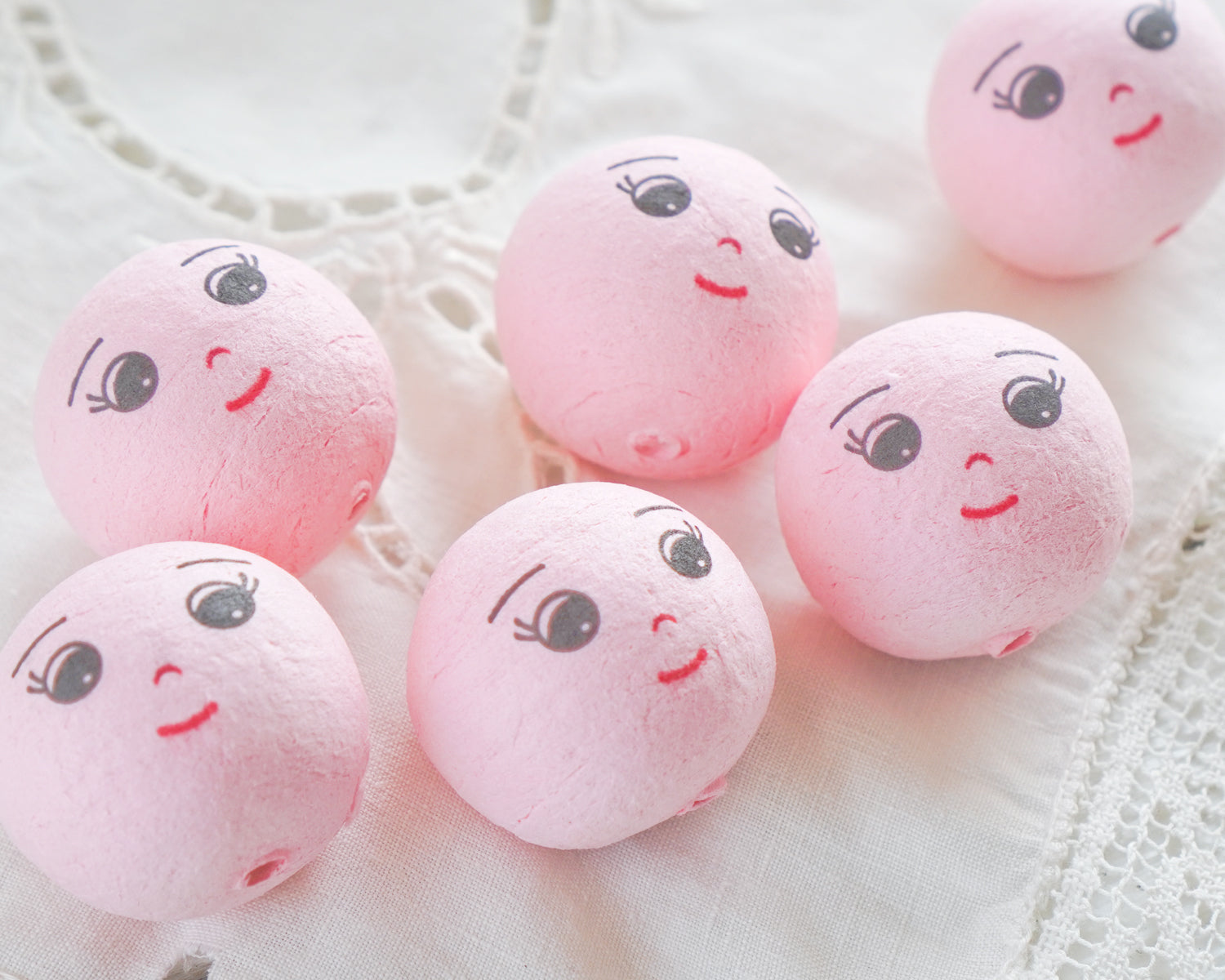 Pink Spun Cotton Heads: DREAMER - 30mm Vintage-Style Cotton Doll Heads with Faces, 12 Pcs.