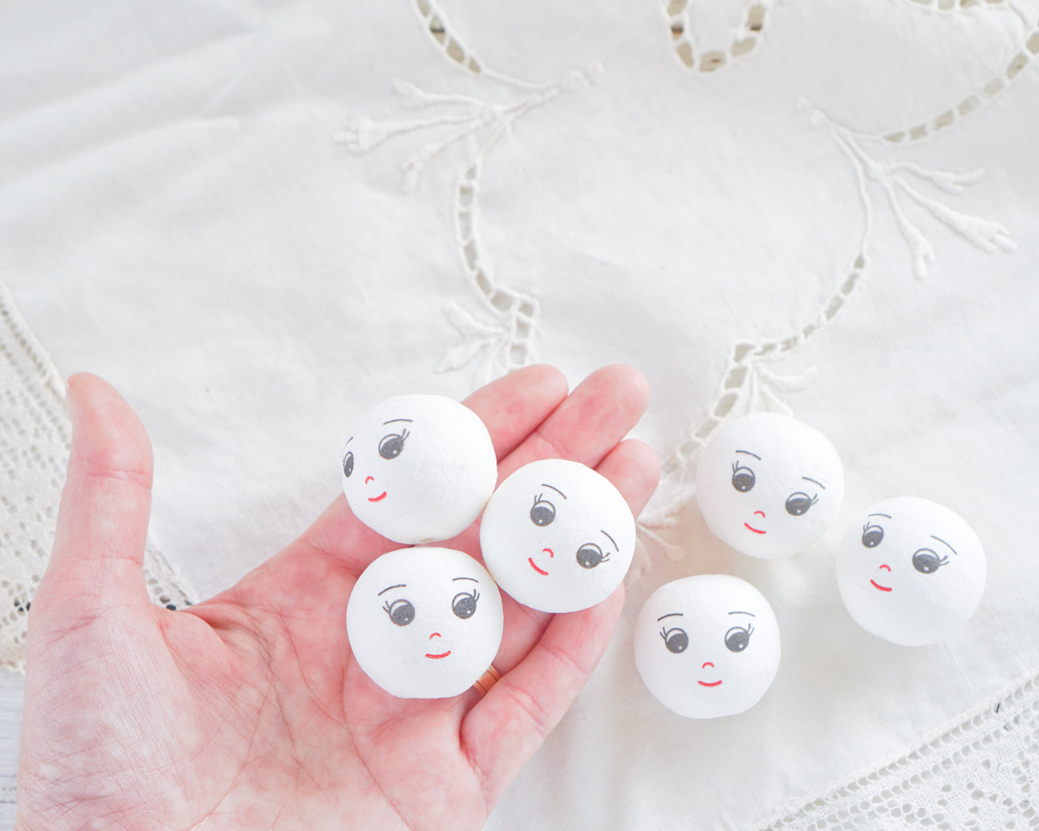 Spun Cotton Heads: DREAMER - 30mm White Doll Heads with Faces, 12 Pcs.